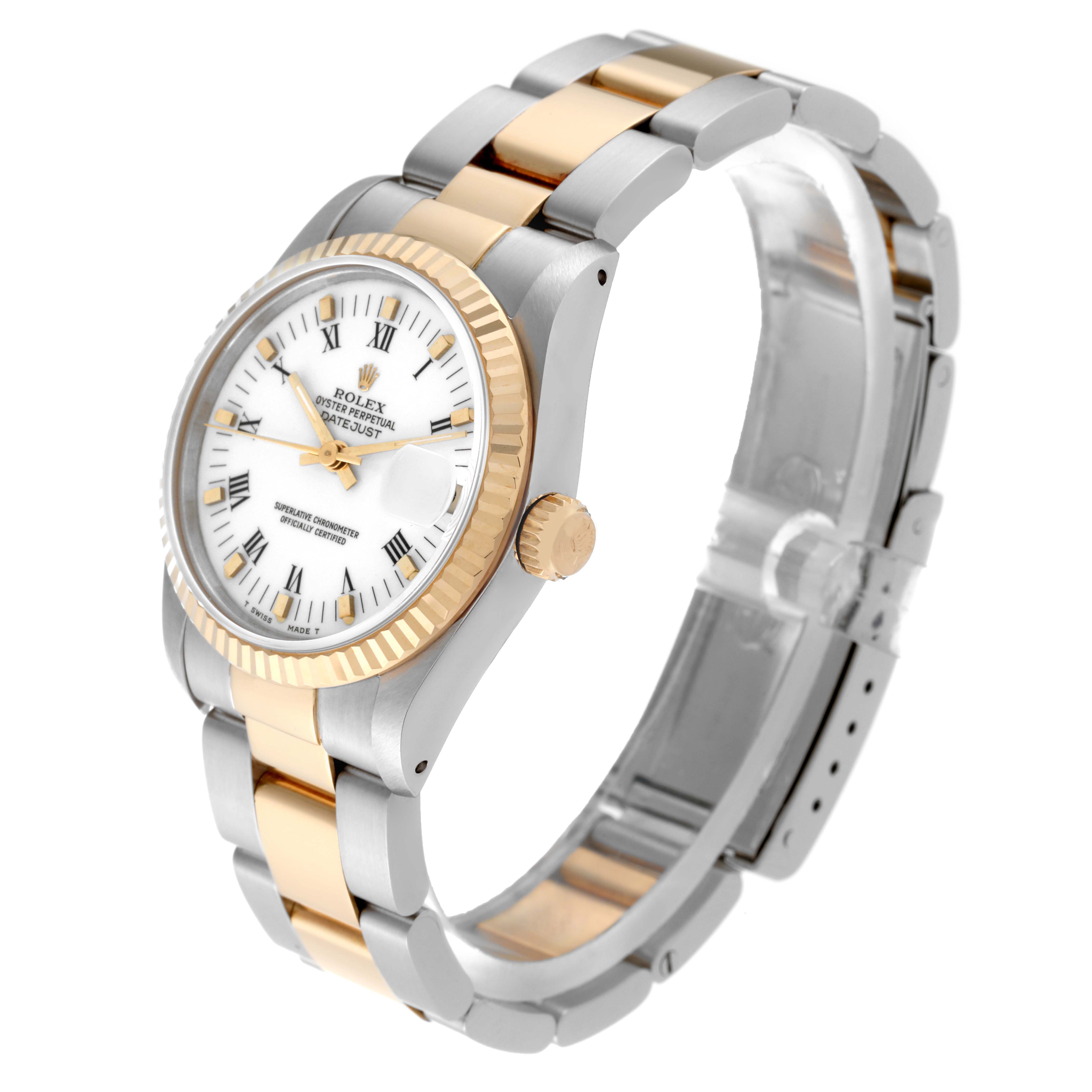 This image shows a side view angle of a Rolex Mid-Size 68273 Women's Steel and Gold (two tone) White Dial 68273 Women's Steel and Gold (two tone) White Dial Datejust, highlighting the two-tone bracelet, bezel, crown, and dial.