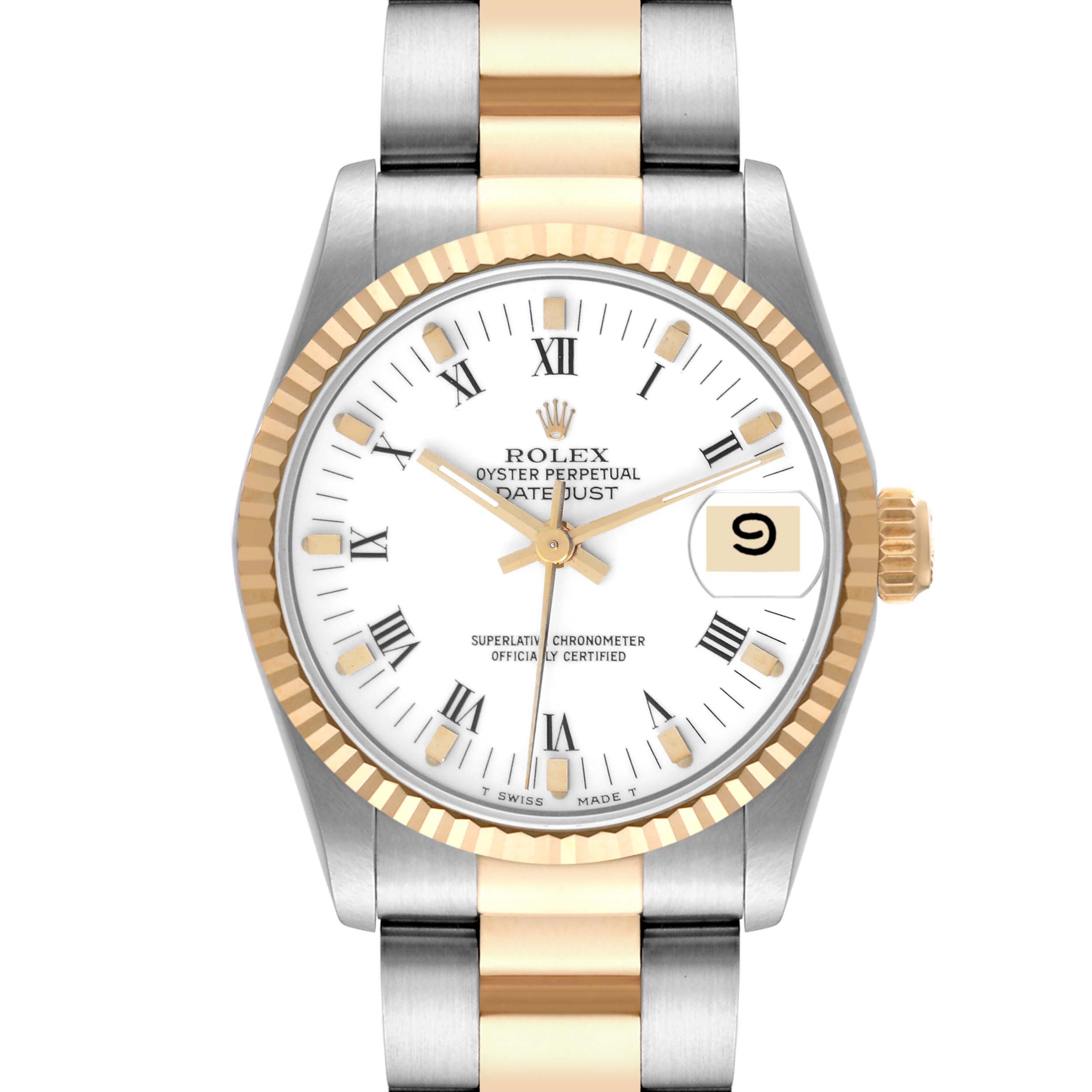 This image shows a front view of a Rolex Oyster Perpetual Datejust Mid-Size watch, highlighting its face, bezel, and bracelet.