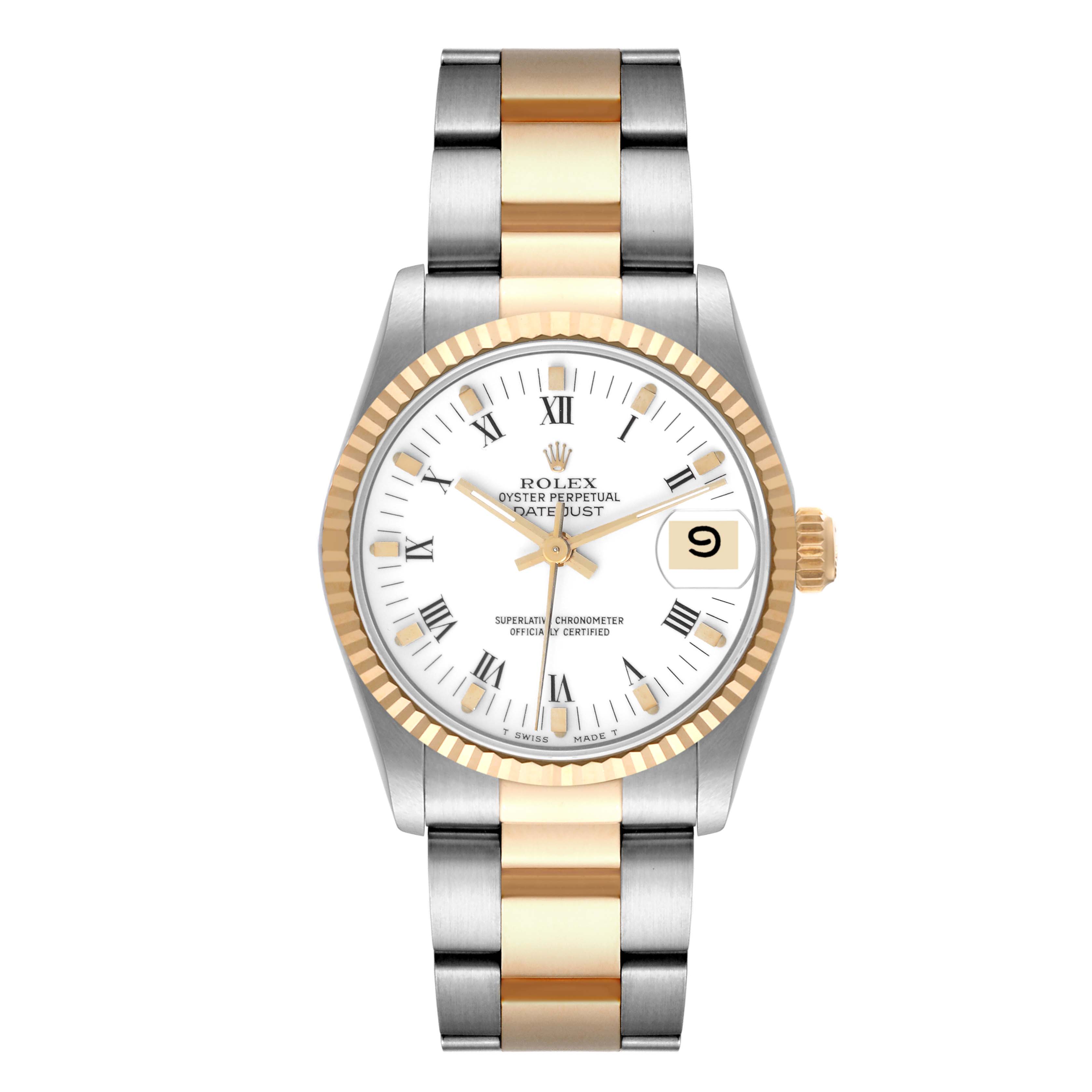 The image shows a front view of a Rolex Mid-Size 68273 Women's Steel and Gold (two tone) White Dial 68273 Women's Steel and Gold (two tone) White Dial Datejust watch featuring a gold and stainless steel bracelet, white dial, and fluted bezel.