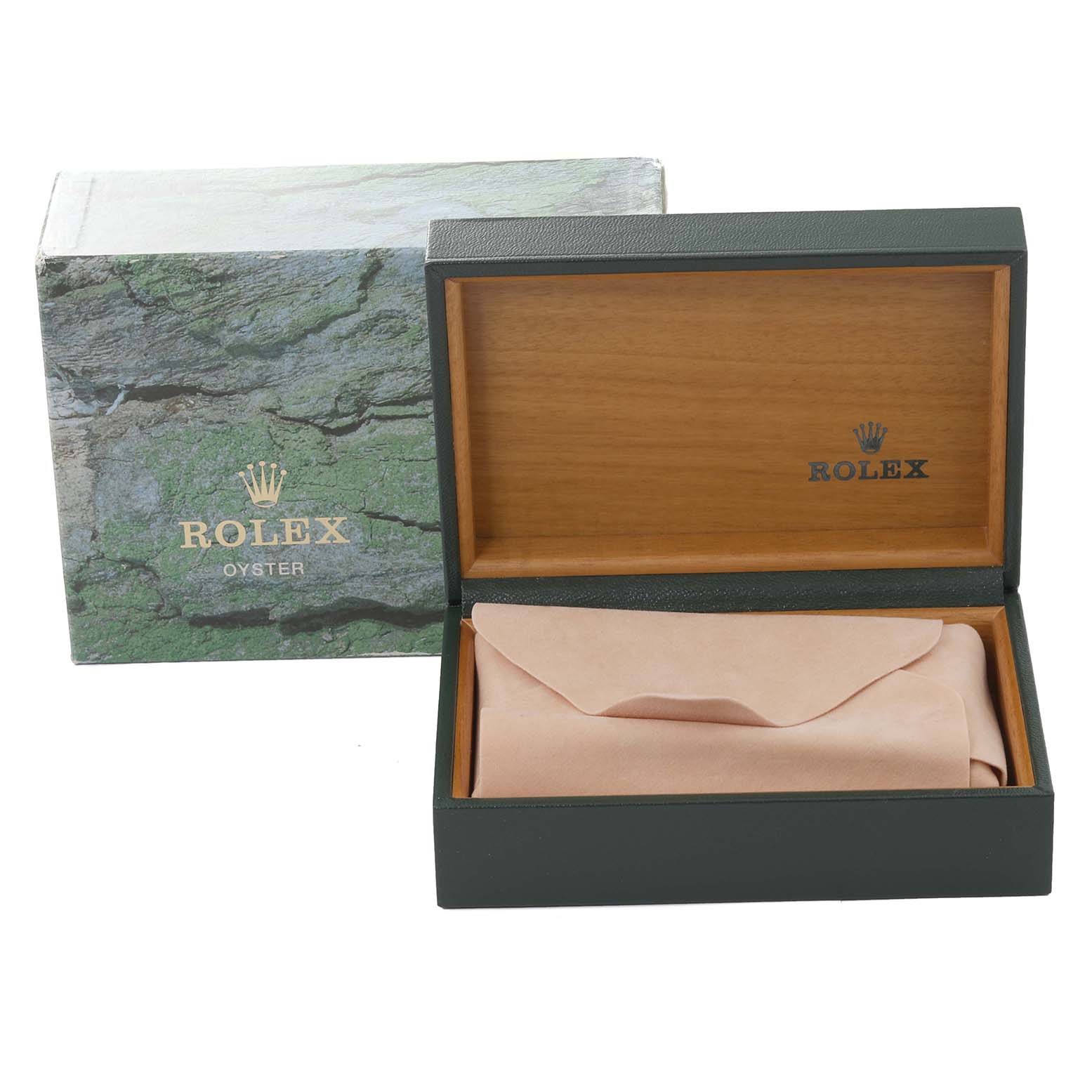 The image shows an open Rolex box for a Mid-Size model, displaying the inner and outer packaging.