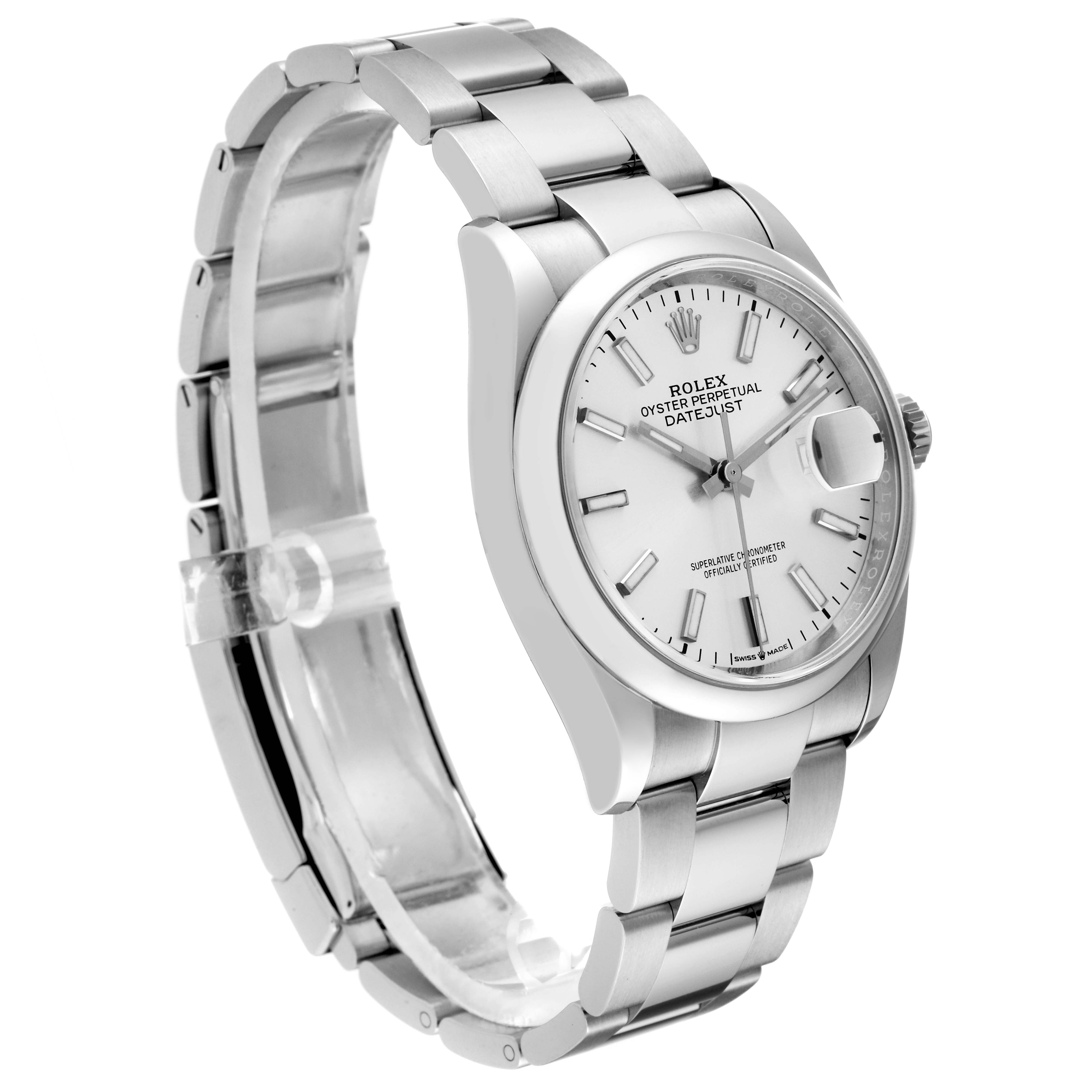 The Rolex Datejust 126200 Men's Stainless Steel Silver Dial 126200 Men's Stainless Steel Silver Dial watch is shown at a slight angle, displaying the face, bezel, crown, and part of the bracelet.