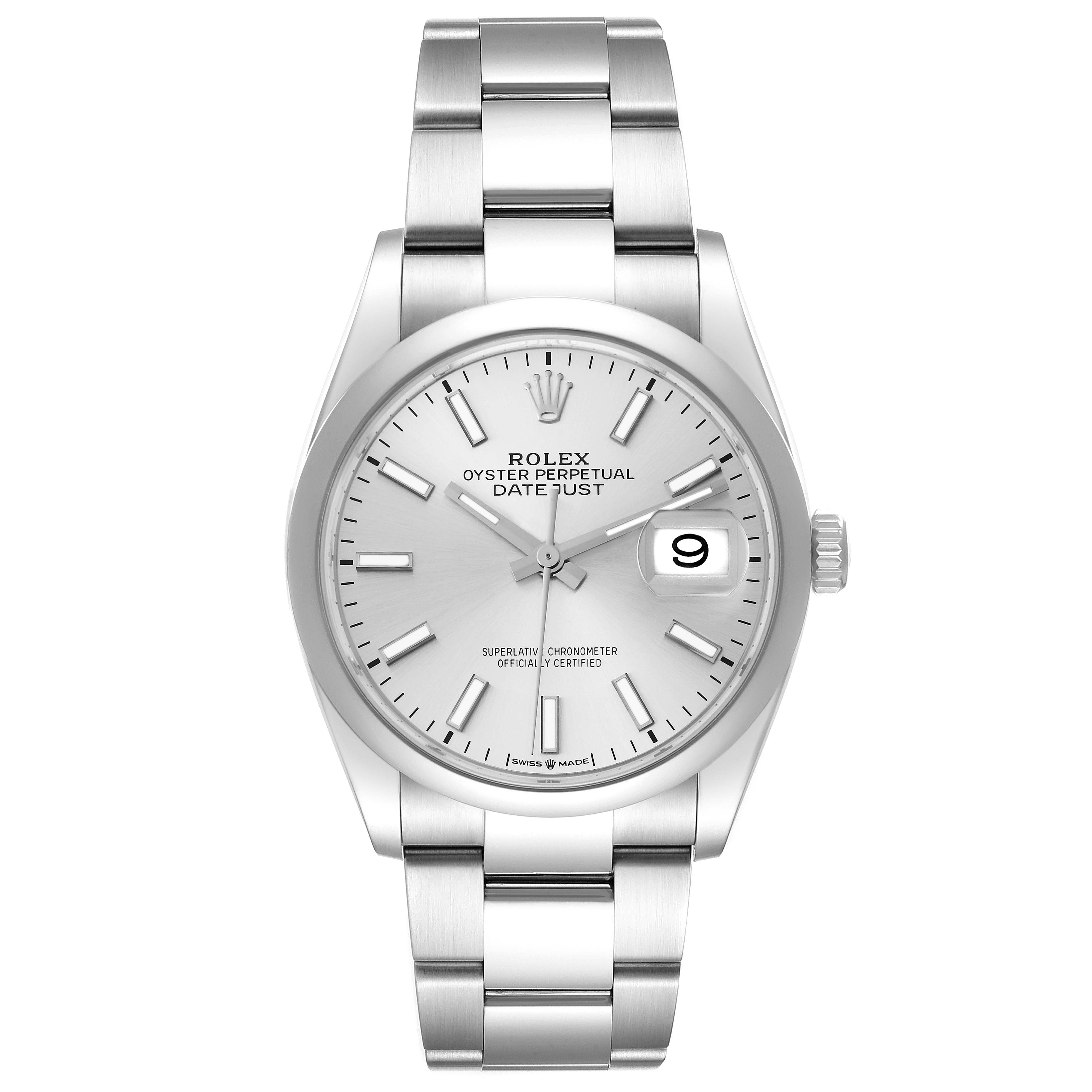 The image shows a Rolex Datejust 126200 Men's Stainless Steel Silver Dial 126200 Men's Stainless Steel Silver Dial watch from a front view, highlighting its dial, bracelet, and date window.