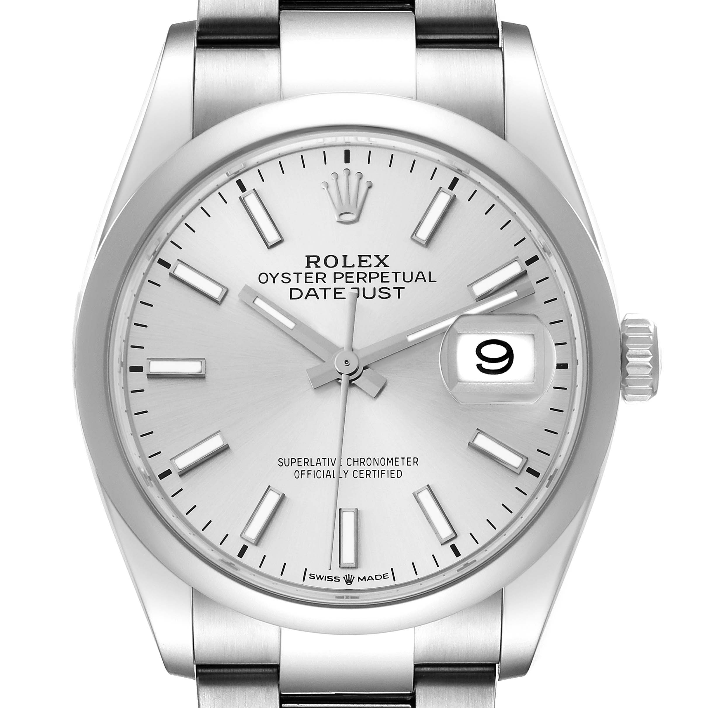 The image shows a front view of a Rolex Datejust 126200 Men's Stainless Steel Silver Dial 126200 Men's Stainless Steel Silver Dial watch, highlighting the dial, hands, markers, and date window.