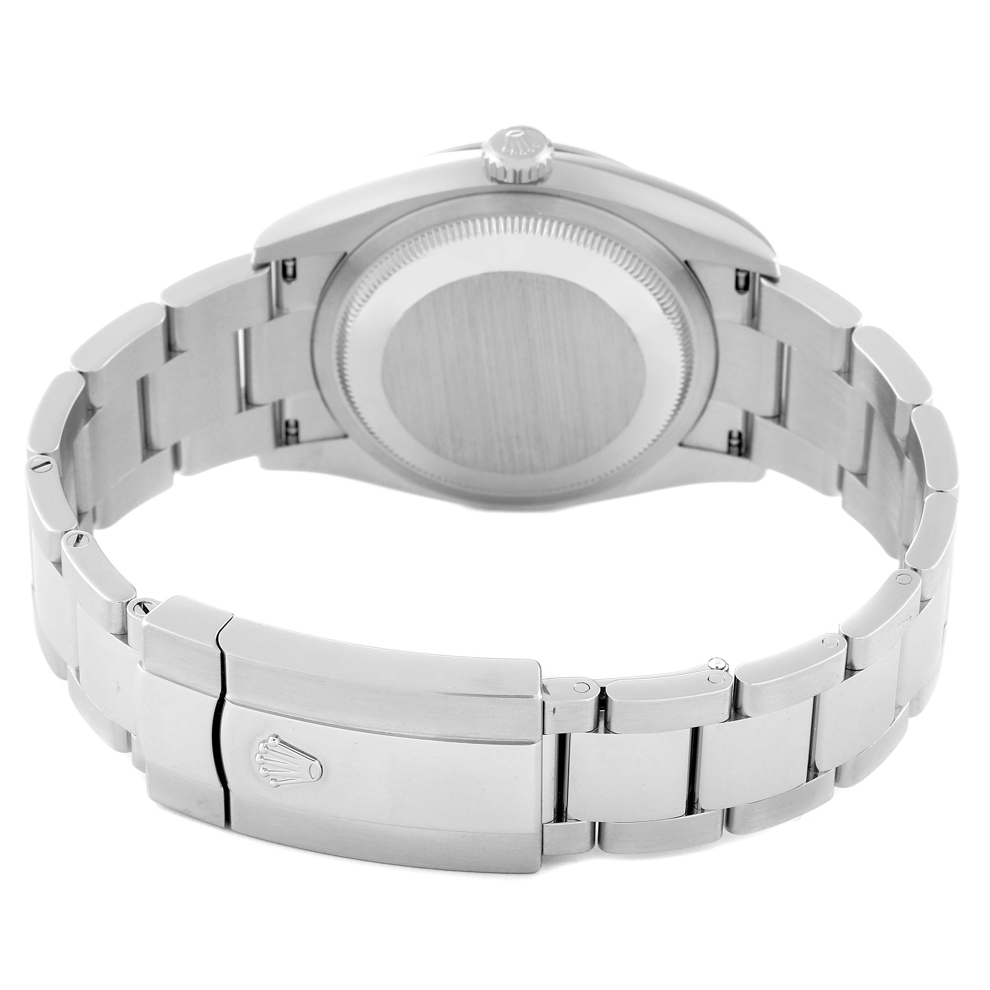 This image shows the back case and bracelet clasp of a Rolex Datejust 126200 Men's Stainless Steel Silver Dial 126200 Men's Stainless Steel Silver Dial watch, viewed from the rear angle.