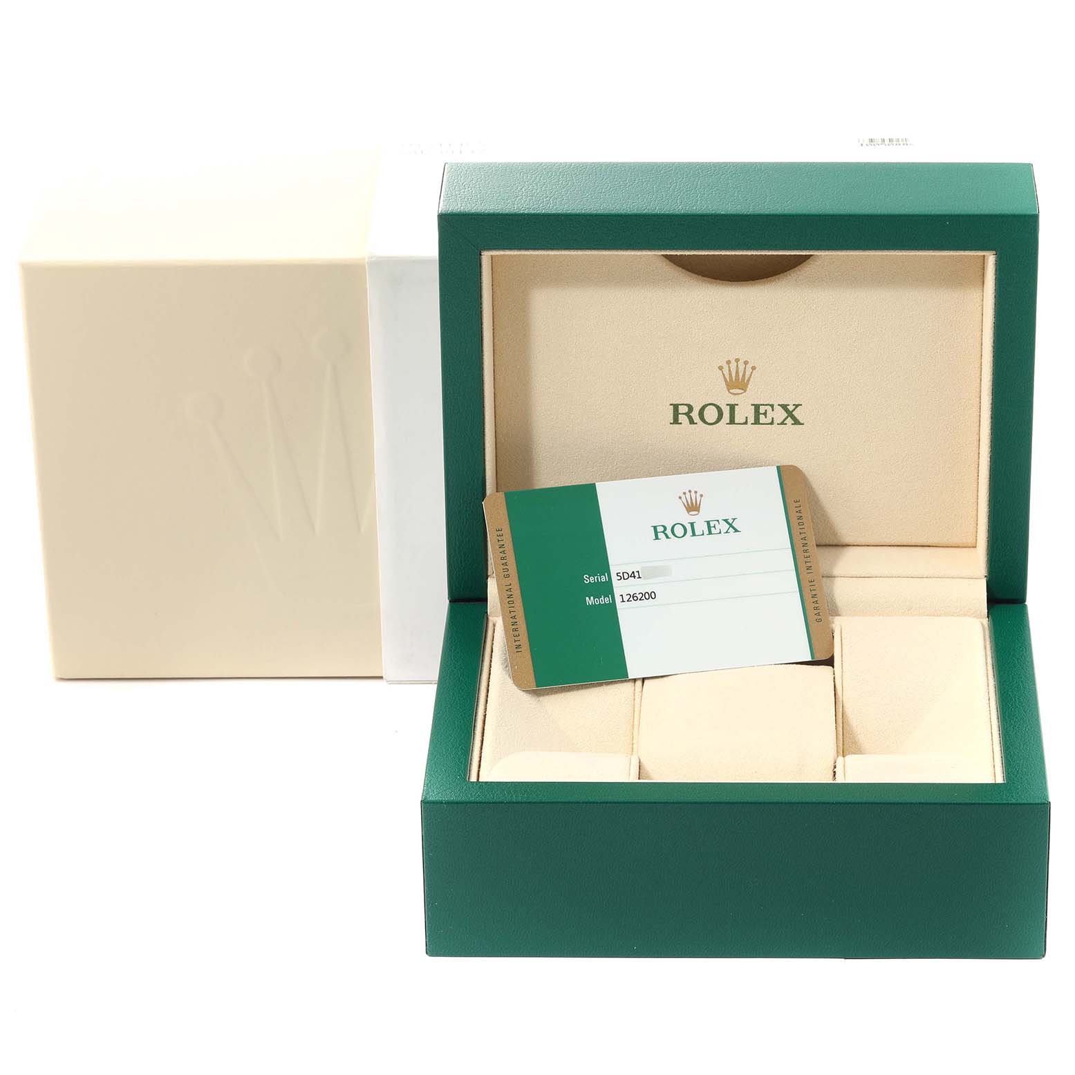The image shows a Rolex Datejust 126200 Men's Stainless Steel Silver Dial 126200 Men's Stainless Steel Silver Dial watch box with a warranty card inside, viewed from the front.