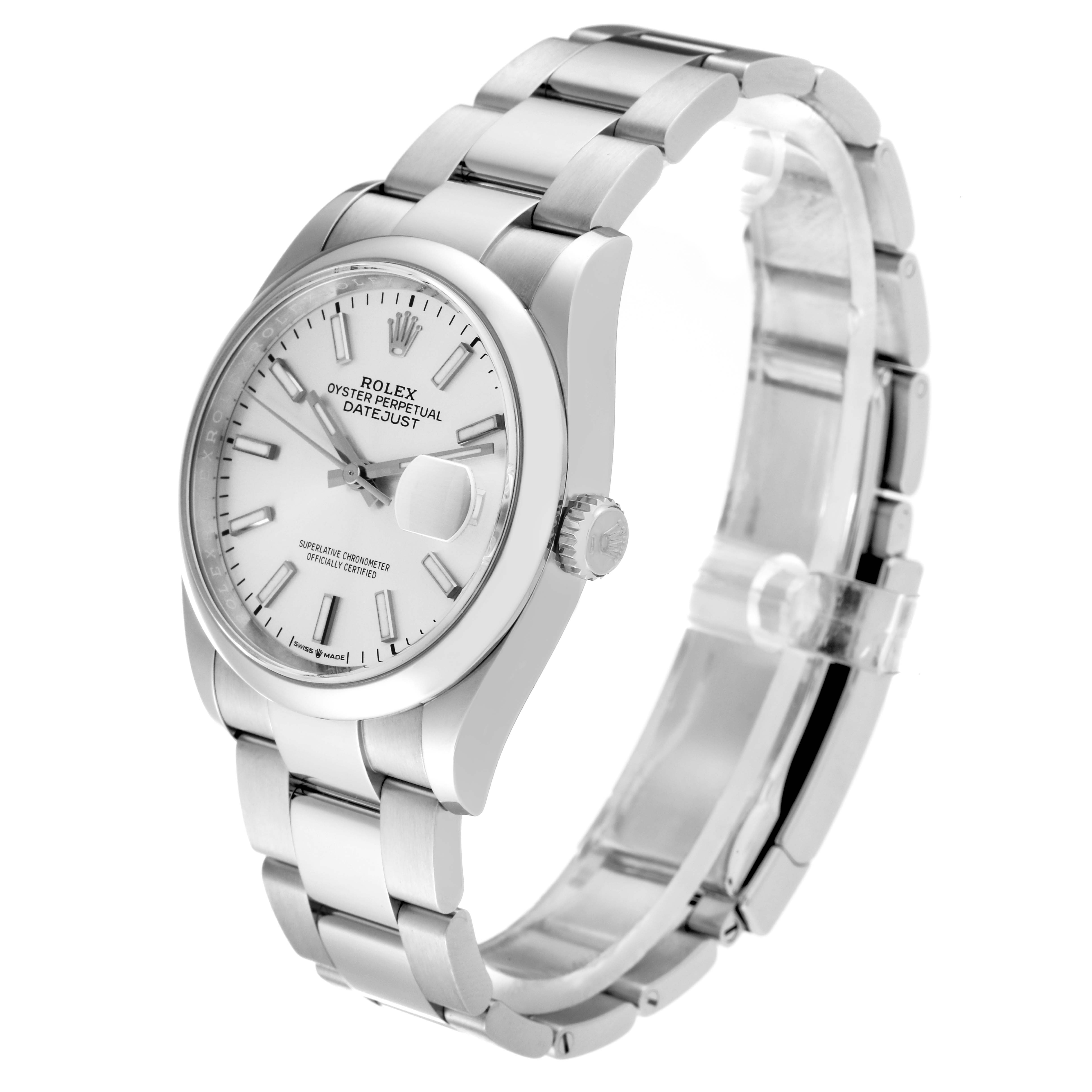 This image shows a Rolex Datejust 126200 Men's Stainless Steel Silver Dial 126200 Men's Stainless Steel Silver Dial watch angled to display the dial, crown, and bracelet.