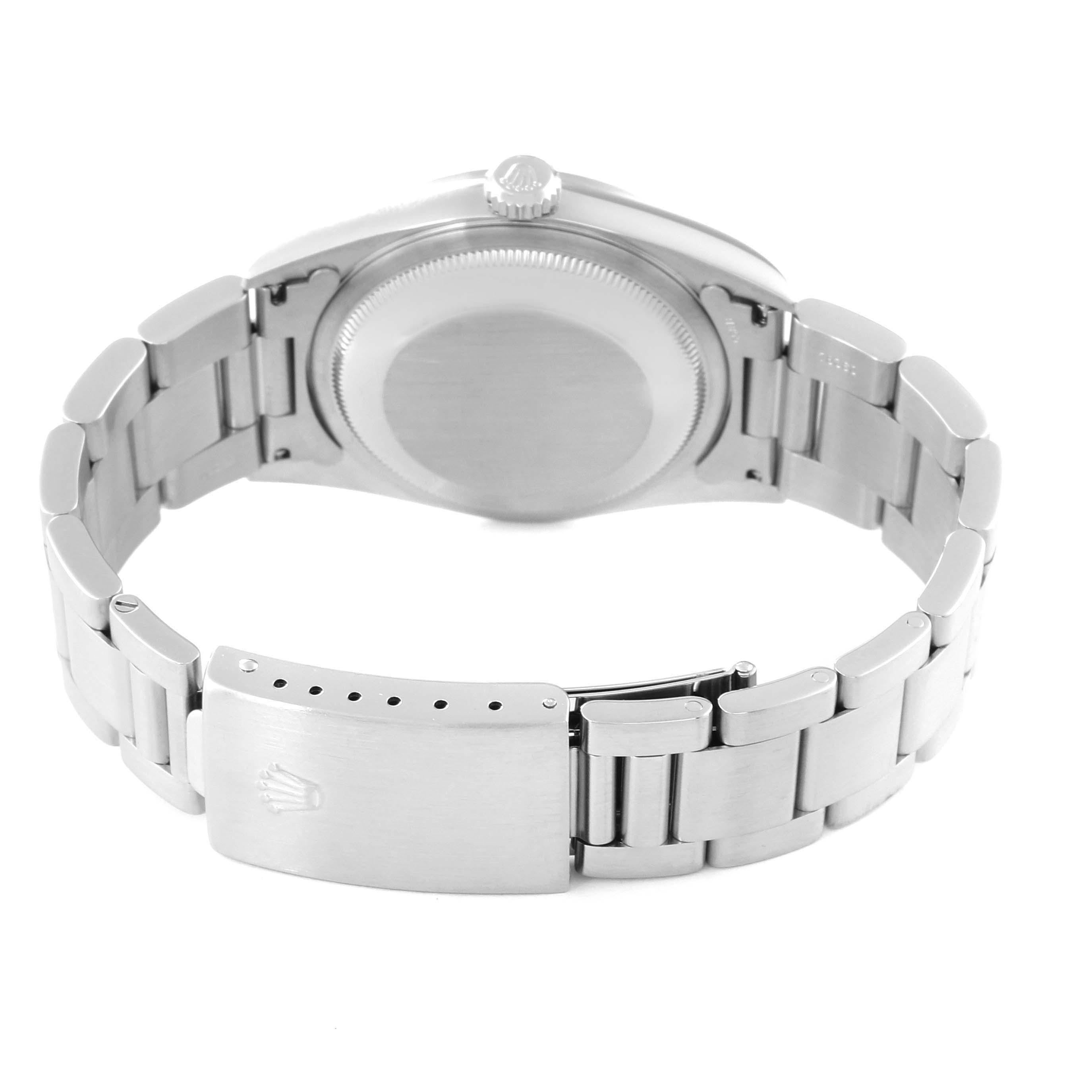 The image shows the back view of a Rolex Datejust 16200 Men
s Stainless Steel Silver Dial 16200 Men
s Stainless Steel Silver Dial watch, displaying the clasp and bracelet.