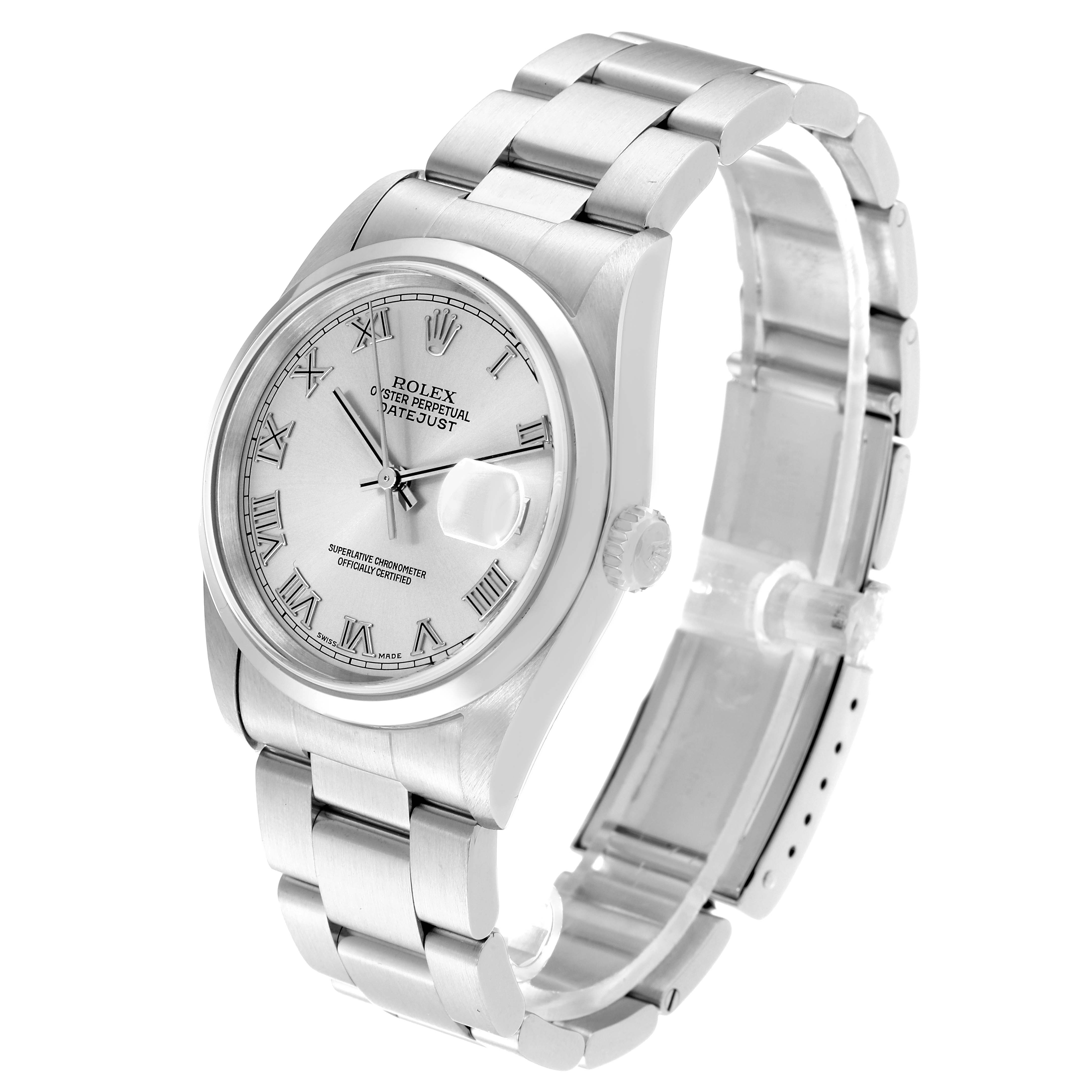 This image shows the Rolex Datejust 16200 Men
s Stainless Steel Silver Dial 16200 Men
s Stainless Steel Silver Dial watch from an angled side view, highlighting its face, bracelet, and clasp.