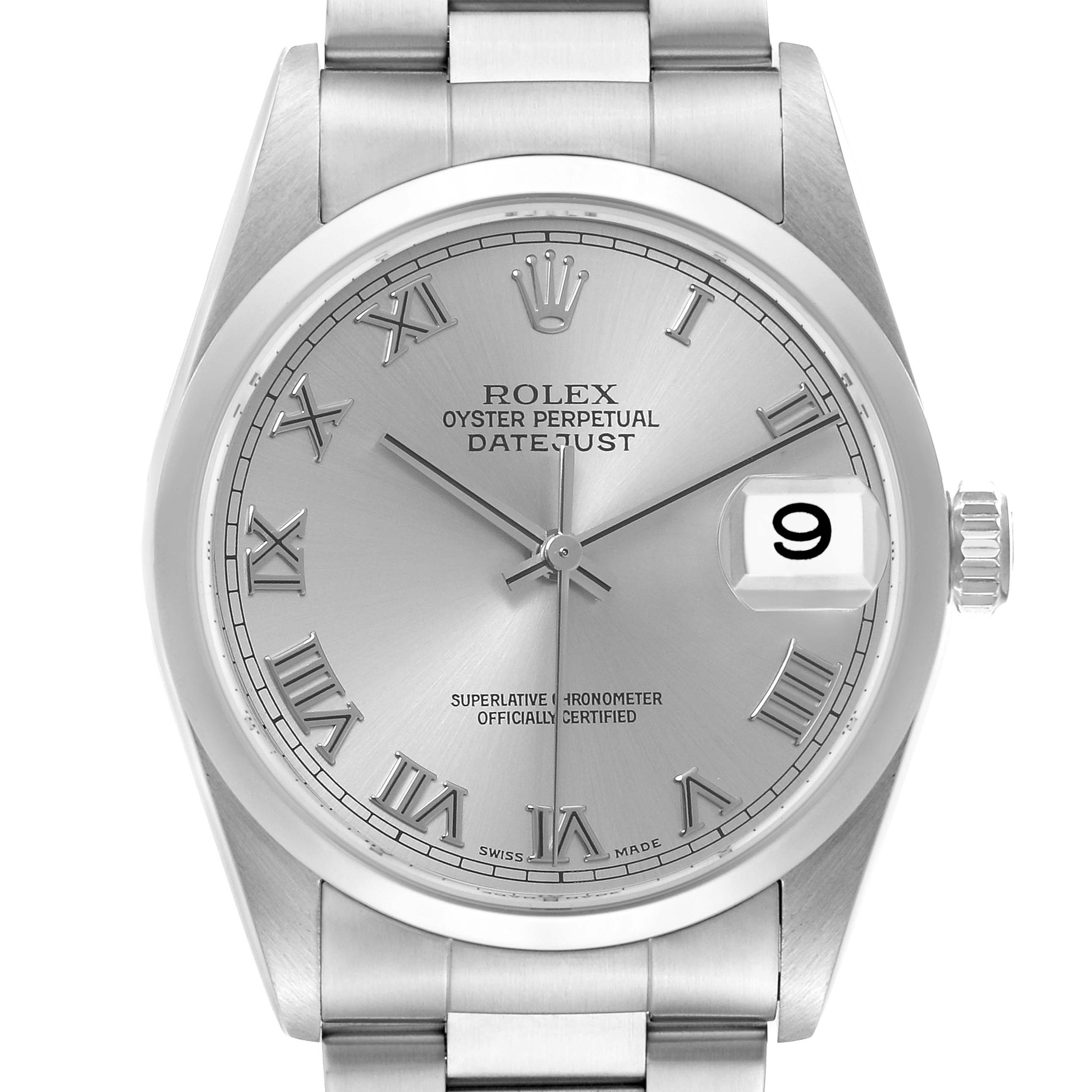 The image shows a front view of the Rolex Datejust 16200 Men
s Stainless Steel Silver Dial 16200 Men
s Stainless Steel Silver Dial watch, highlighting its dial, Roman numeral markers, and date window.