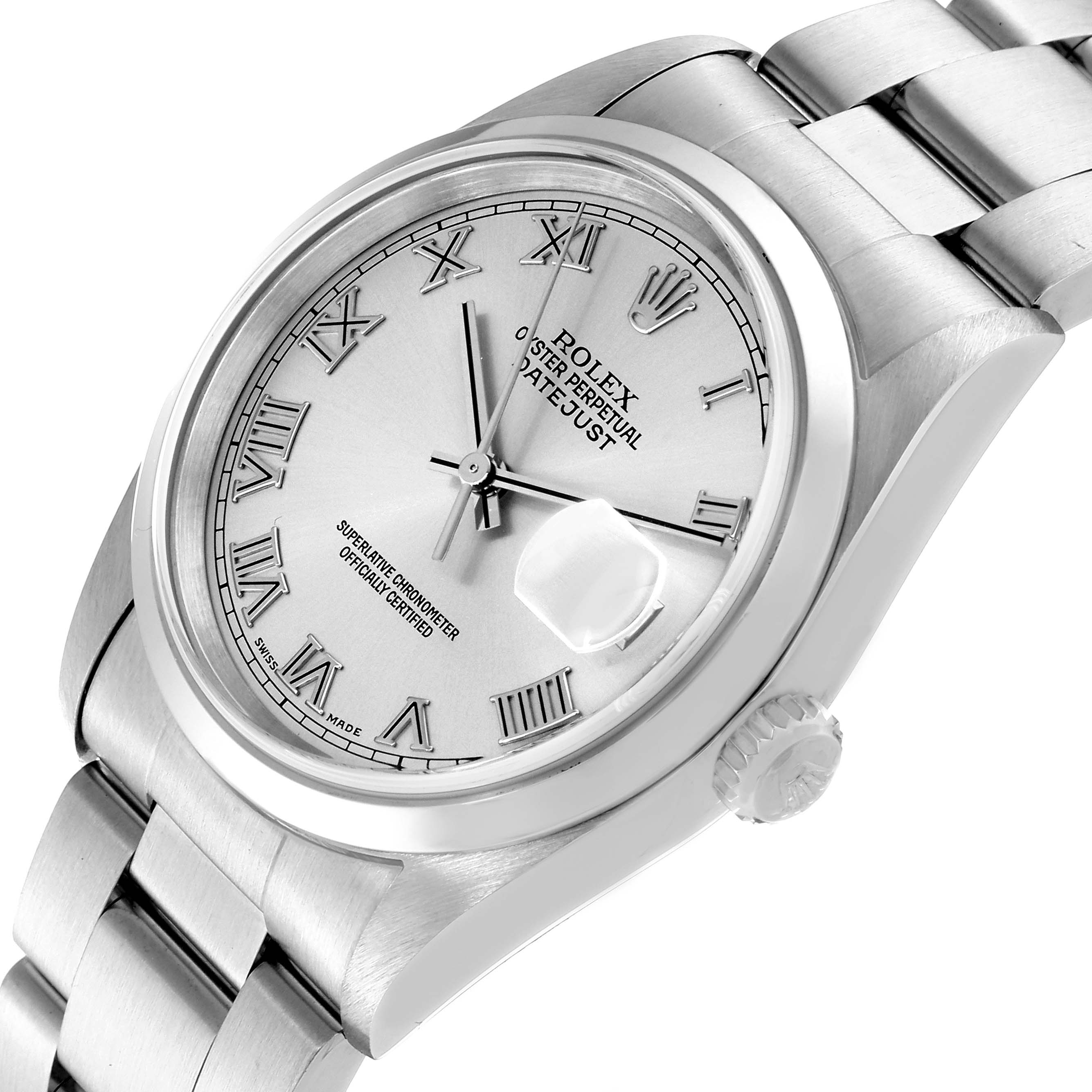The image shows a close-up of the Rolex Datejust 16200 Men
s Stainless Steel Silver Dial 16200 Men
s Stainless Steel Silver Dial watch, featuring the face, bezel, crown, and part of the bracelet from an angled perspective.