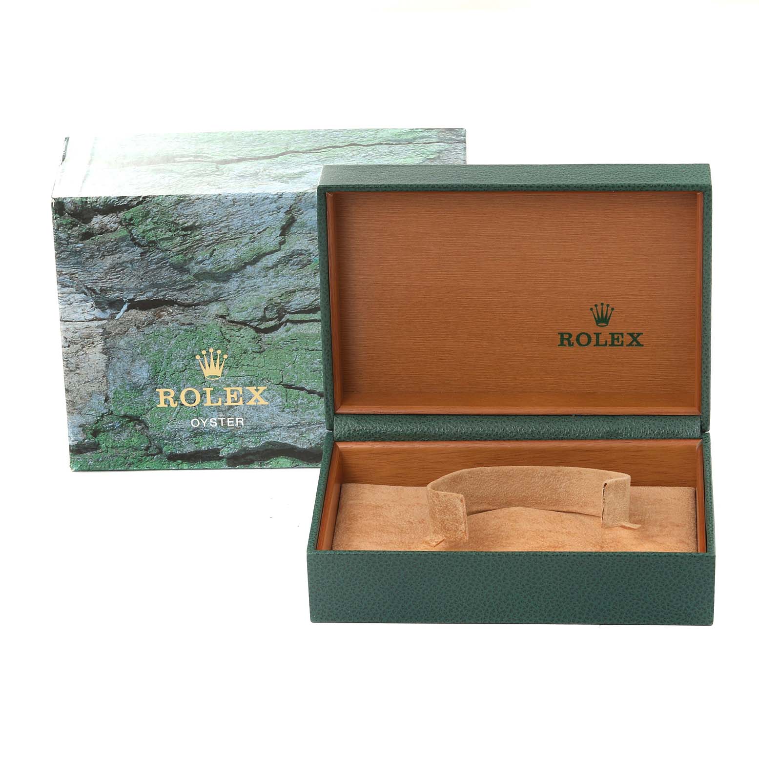 The image shows an open Rolex Datejust 16200 Men
s Stainless Steel Silver Dial 16200 Men
s Stainless Steel Silver Dial watch box with its exterior packaging visible.