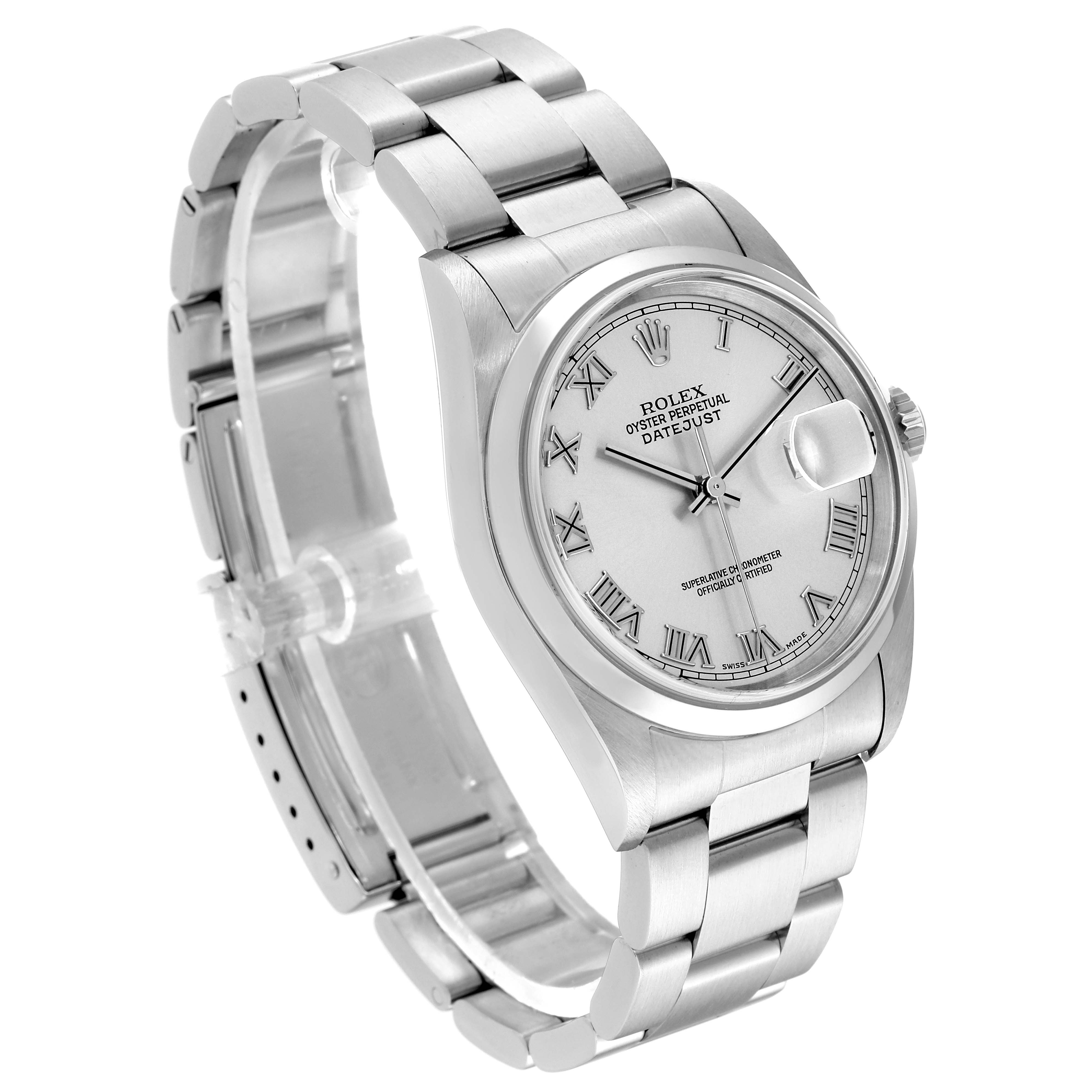 This image shows the Rolex Datejust 16200 Men
s Stainless Steel Silver Dial 16200 Men
s Stainless Steel Silver Dial watch at a three-quarter angle, highlighting the dial, bezel, and bracelet.