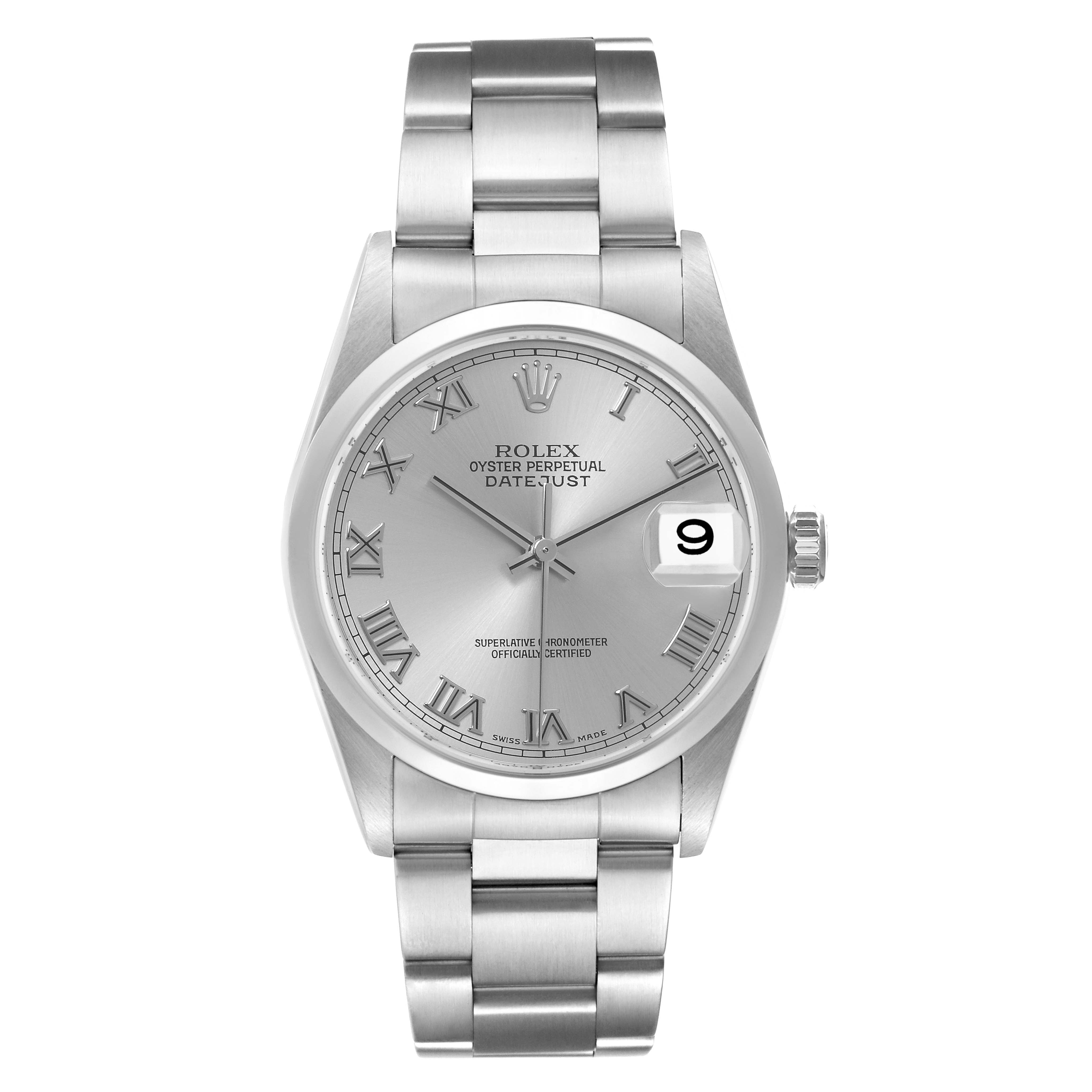 The Rolex Datejust 16200 Men
s Stainless Steel Silver Dial 16200 Men
s Stainless Steel Silver Dial watch is shown from a front angle, displaying its face, bracelet, and date window.