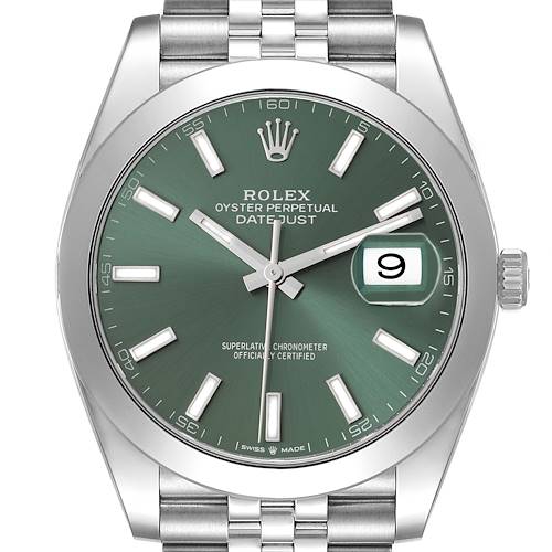 The image shows the Rolex Datejust 41 watch from a front angle, highlighting its green dial, date window, and stainless steel bracelet.