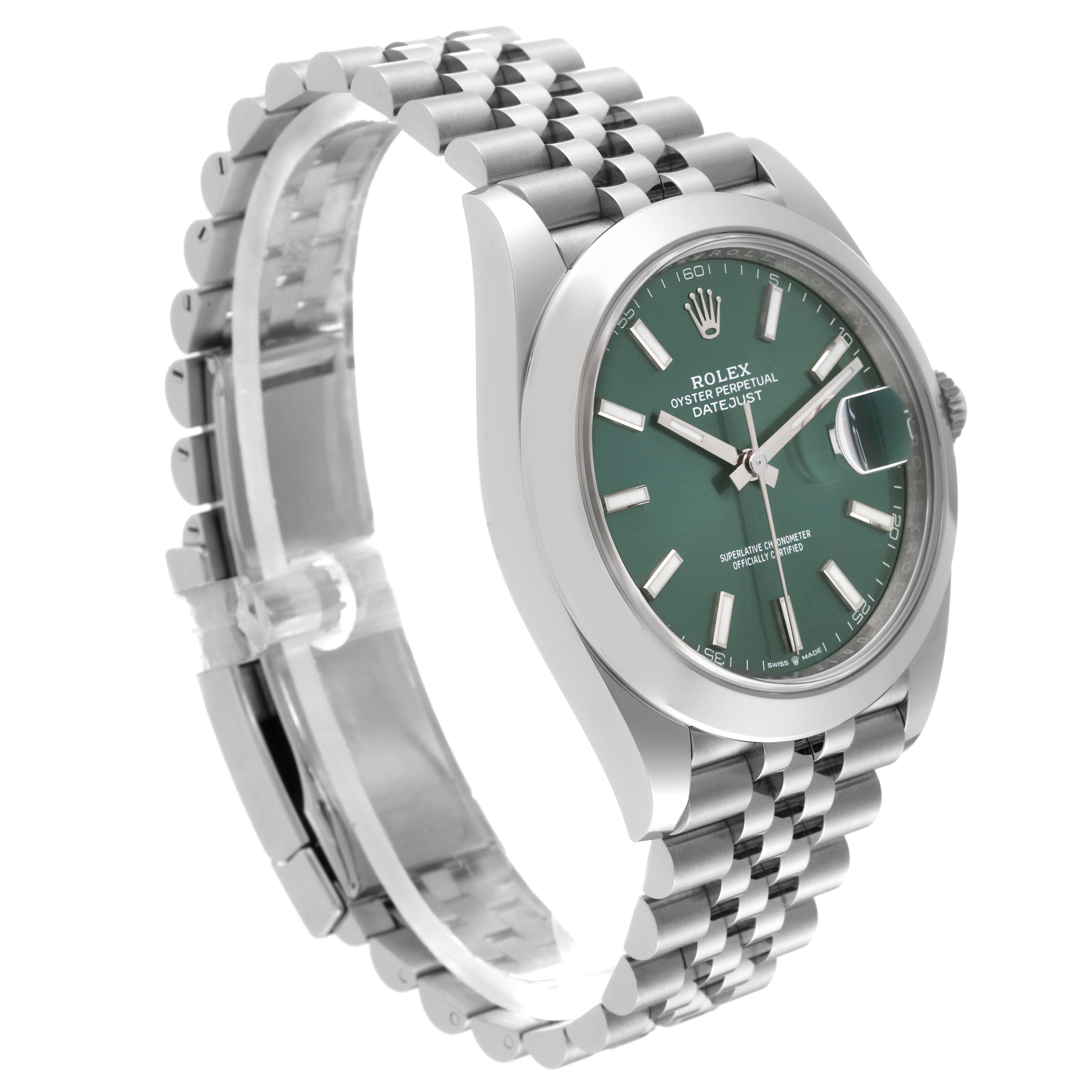 The Rolex Datejust 41 126300 Men's Stainless Steel Green Dial 126300 Men's Stainless Steel Green Dial watch is shown at an angle displaying its green dial, silver case, and bracelet band.