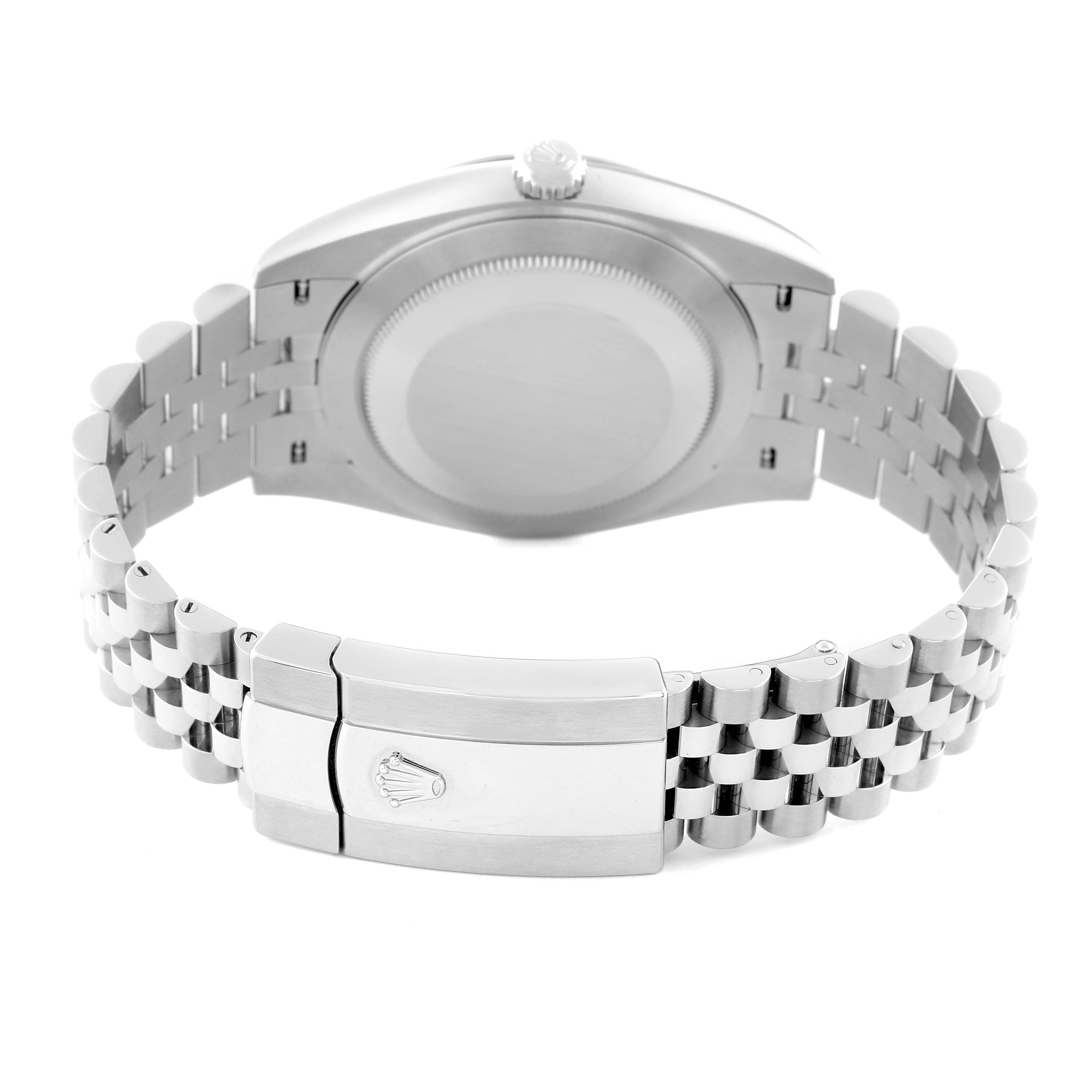 The image shows the back view of a Rolex Datejust 41 126300 Men's Stainless Steel Green Dial 126300 Men's Stainless Steel Green Dial watch, focusing on the caseback and Jubilee bracelet with the clasp closed.