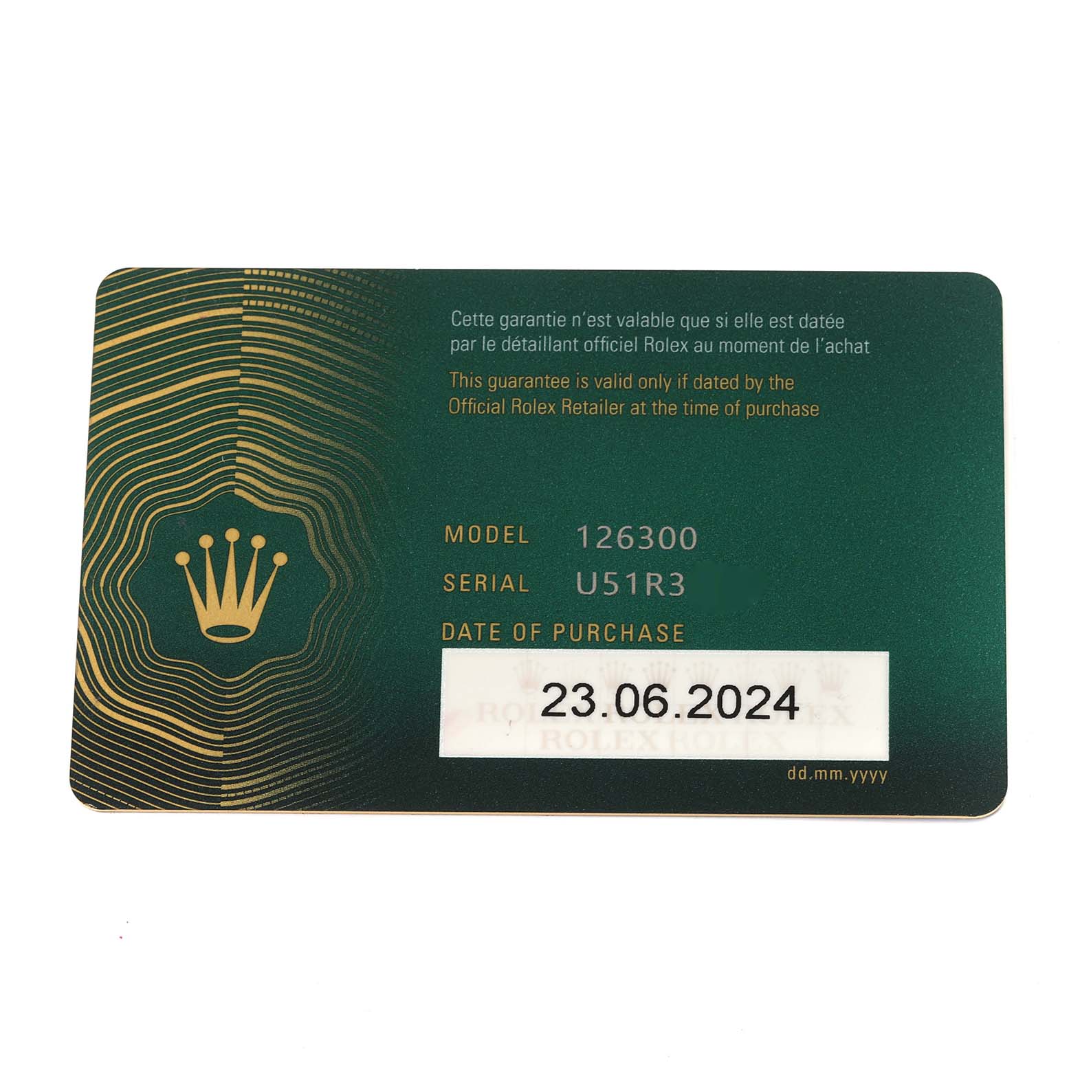 This image shows the warranty card for a Rolex Datejust 41 126300 Men's Stainless Steel Green Dial 126300 Men's Stainless Steel Green Dial model, including the model number, serial number, and date of purchase.