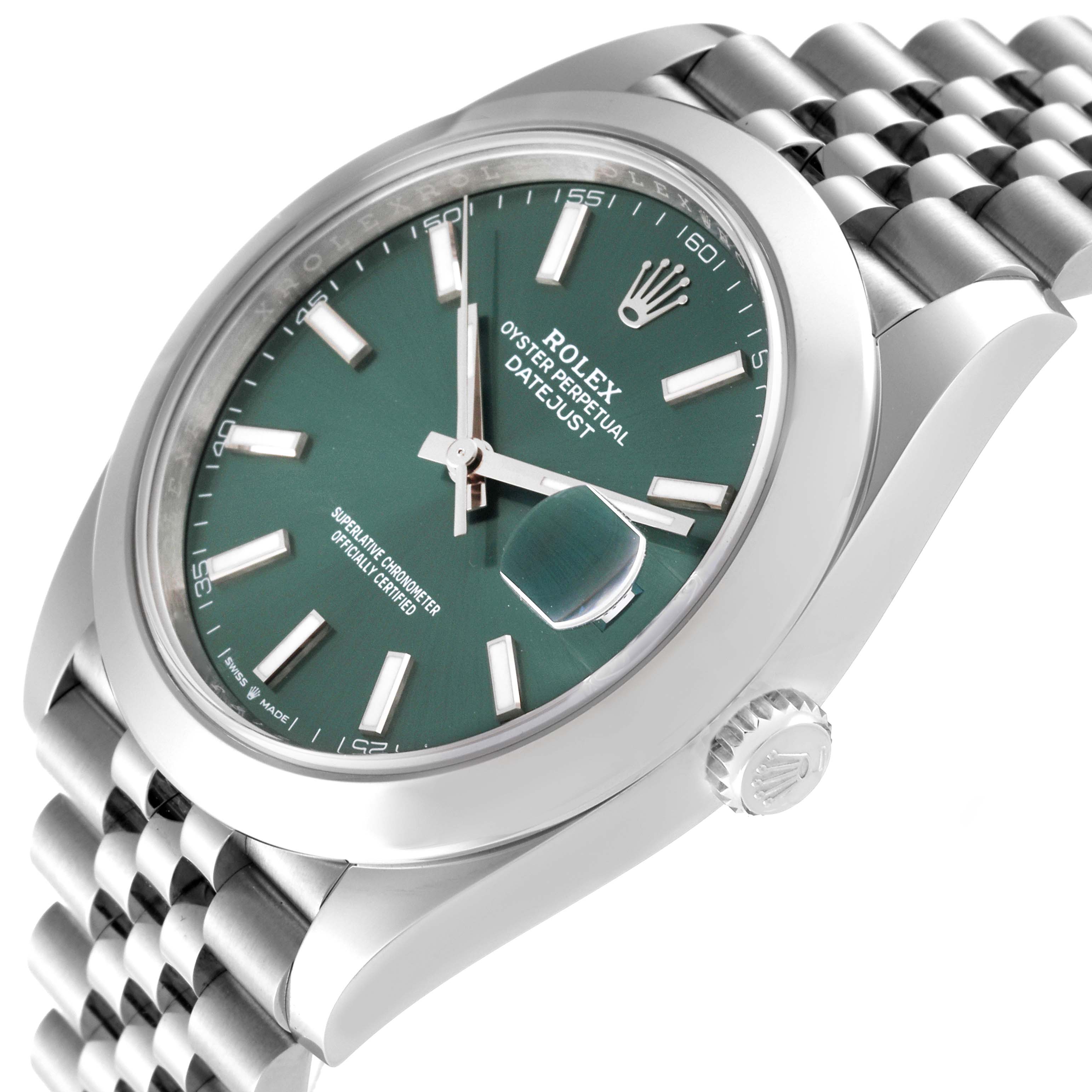 This image shows a close-up angled view of the Rolex Datejust 41 126300 Men's Stainless Steel Green Dial 126300 Men's Stainless Steel Green Dial watch, highlighting the green dial, bracelet, and crown.