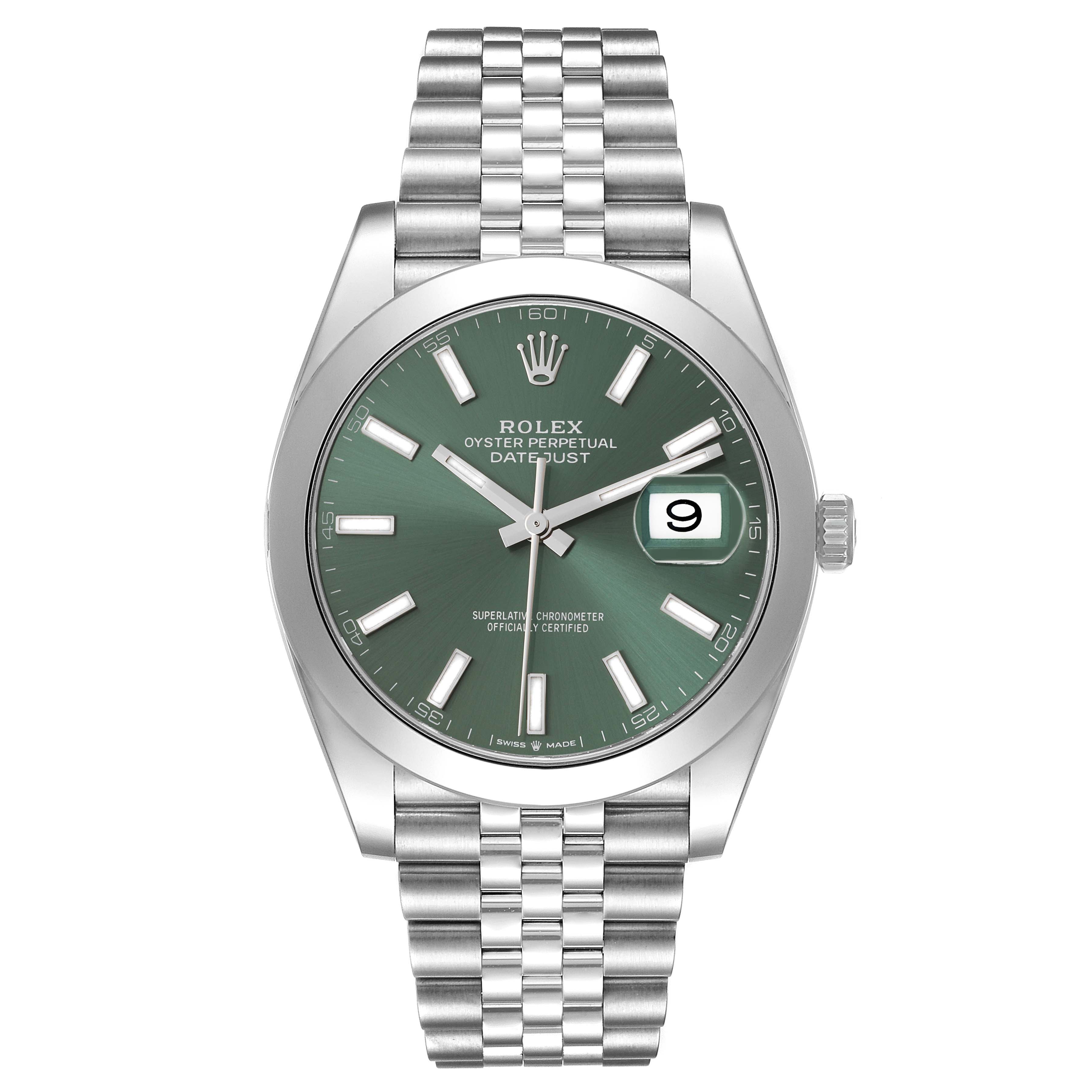 The image shows a frontal view of the Rolex Datejust 41 126300 Men's Stainless Steel Green Dial 126300 Men's Stainless Steel Green Dial watch, highlighting its green dial, jubilee bracelet, and date window.