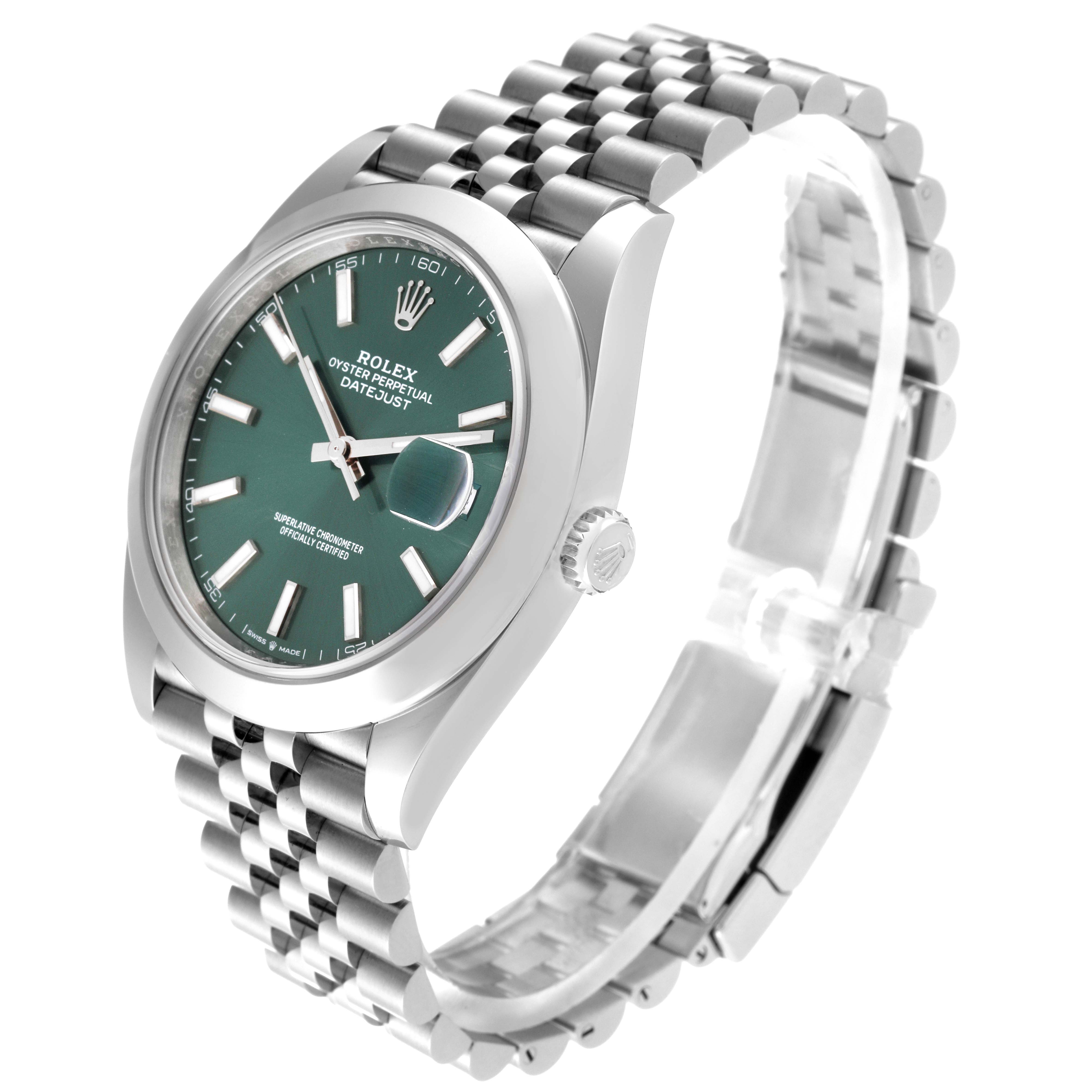 The Rolex Datejust 41 126300 Men's Stainless Steel Green Dial 126300 Men's Stainless Steel Green Dial watch is shown at a right-side angle, displaying the dial, crown, and stainless steel bracelet.