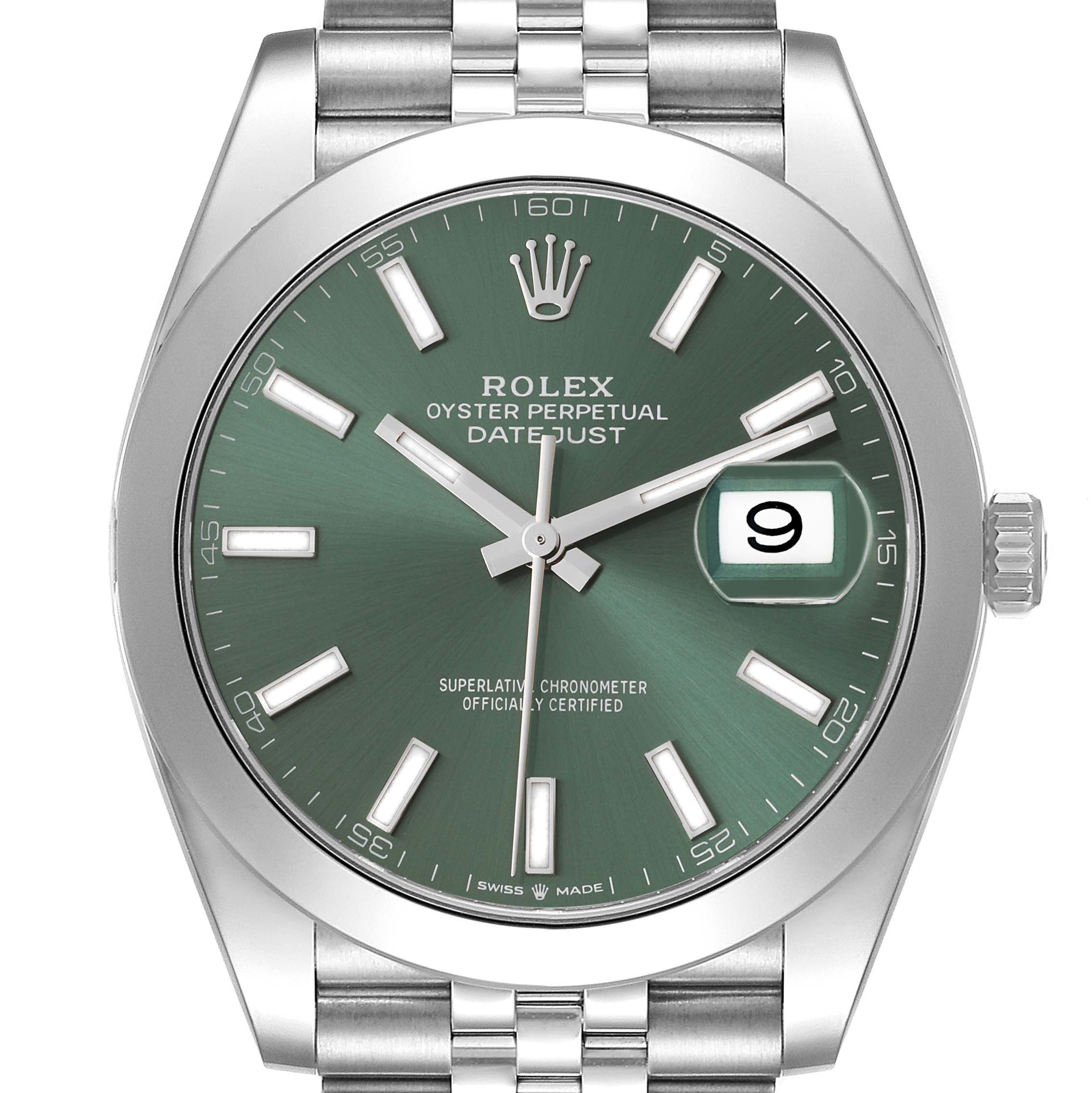 This Rolex Datejust 41 126300 Men's Stainless Steel Green Dial 126300 Men's Stainless Steel Green Dial model watch is shown from a top-down angle, highlighting the green dial, date window, and stainless steel bracelet.