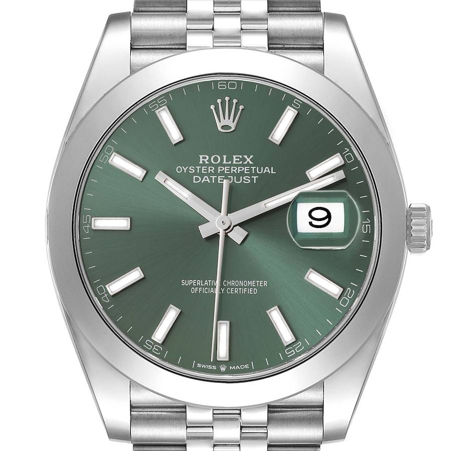 This Rolex Datejust 41 model watch is shown from a top-down angle, highlighting the green dial, date window, and stainless steel bracelet.