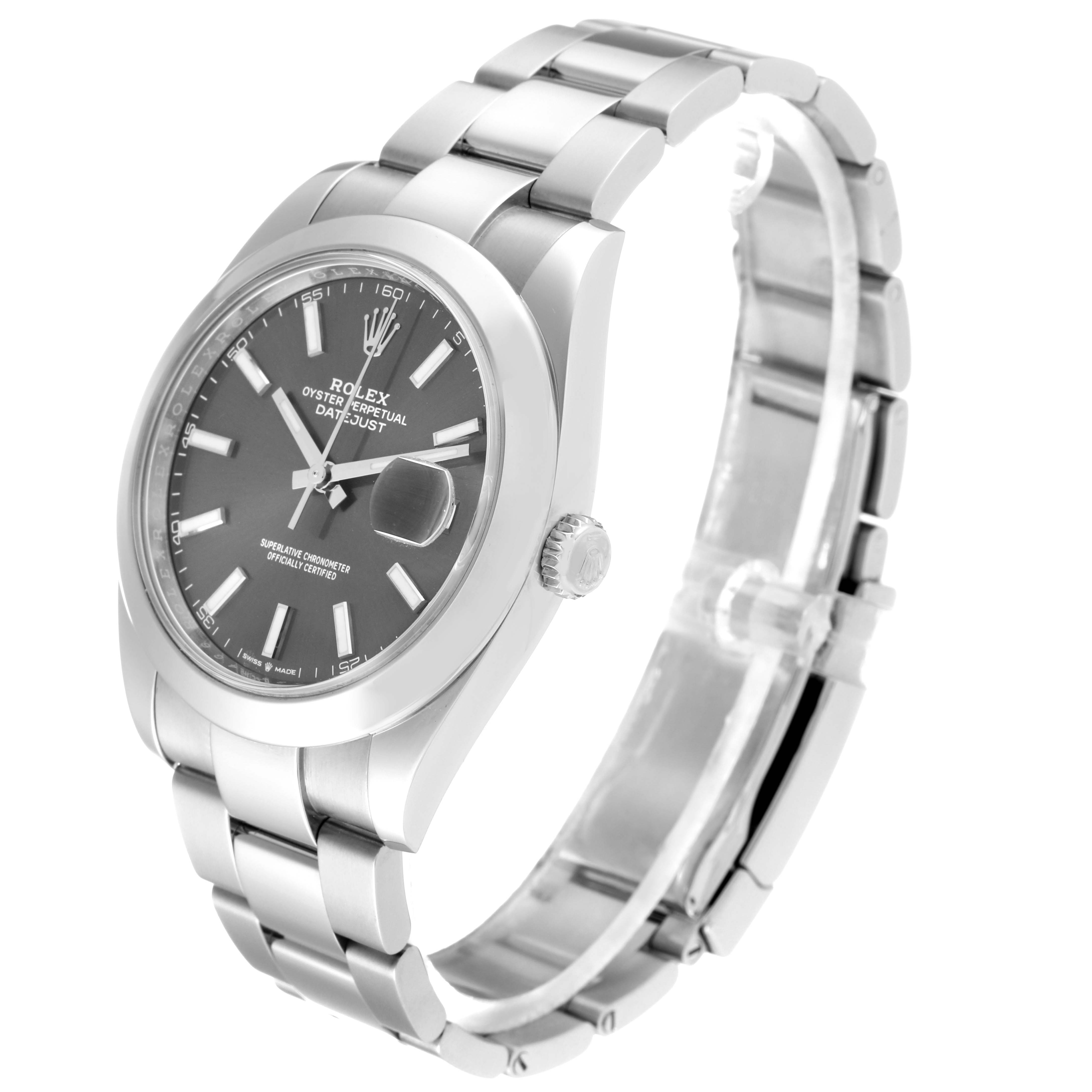 The image shows a side view of the Rolex Datejust 41 126300 Men's Stainless Steel Grey Dial 126300 Men's Stainless Steel Grey Dial, highlighting the dial, bracelet, and crown.