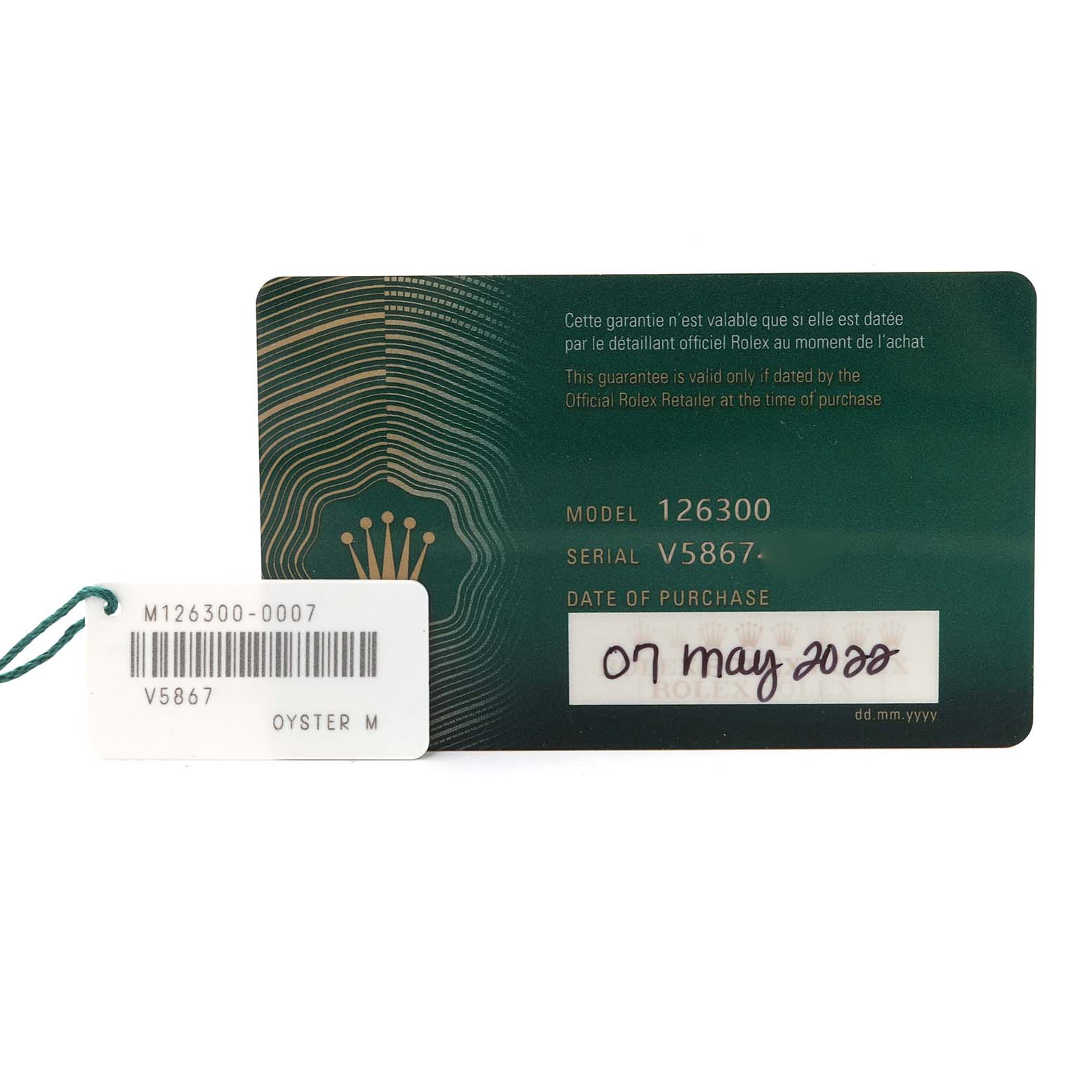 The image shows the warranty card and model tag for a Rolex Datejust 41 126300 Men's Stainless Steel Grey Dial 126300 Men's Stainless Steel Grey Dial, model 126300.