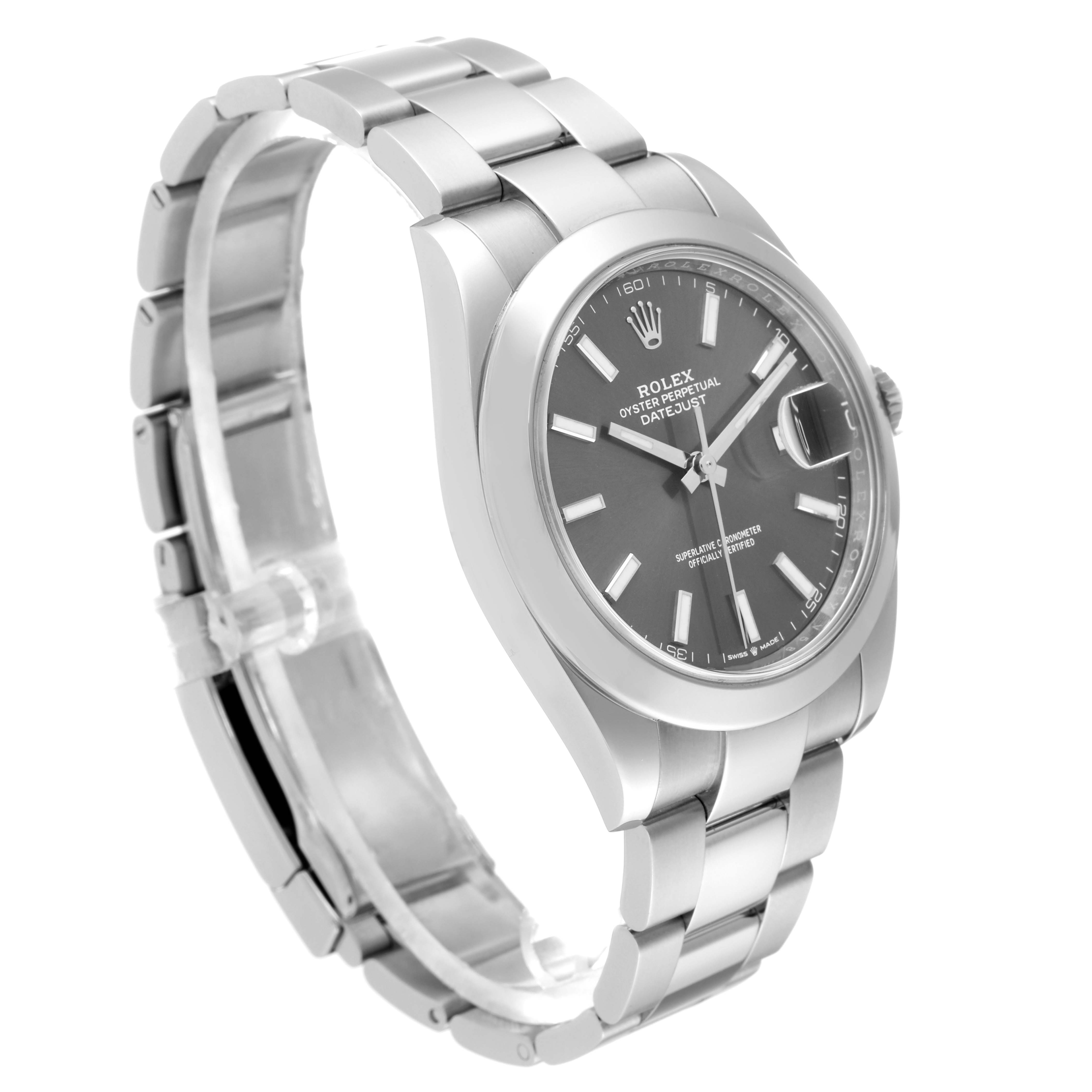 The Rolex Datejust 41 126300 Men's Stainless Steel Grey Dial 126300 Men's Stainless Steel Grey Dial watch is displayed at a slight angle, showing the face, bracelet, and part of the clasp.