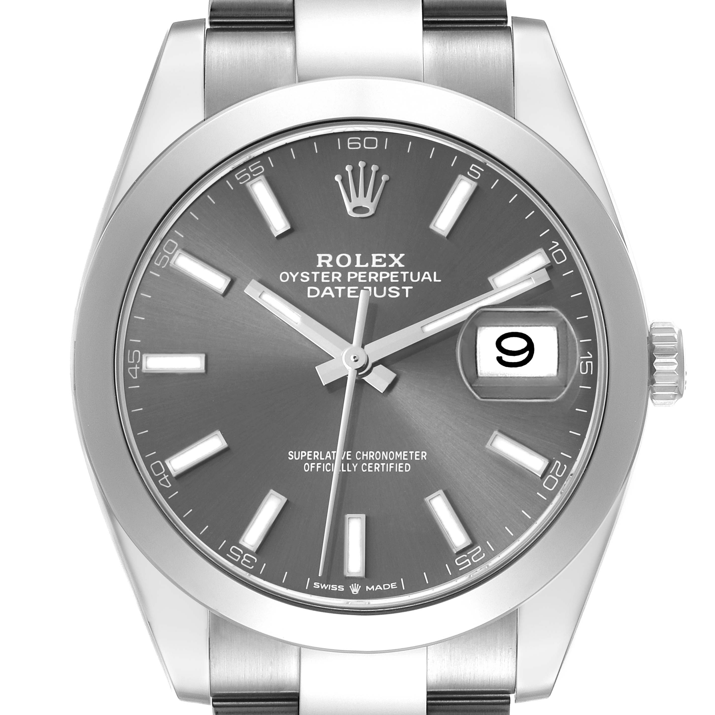 The image shows a front view of the Rolex Datejust 41 126300 Men's Stainless Steel Grey Dial 126300 Men's Stainless Steel Grey Dial, displaying the dial, hands, date window, bezel, and part of the bracelet.