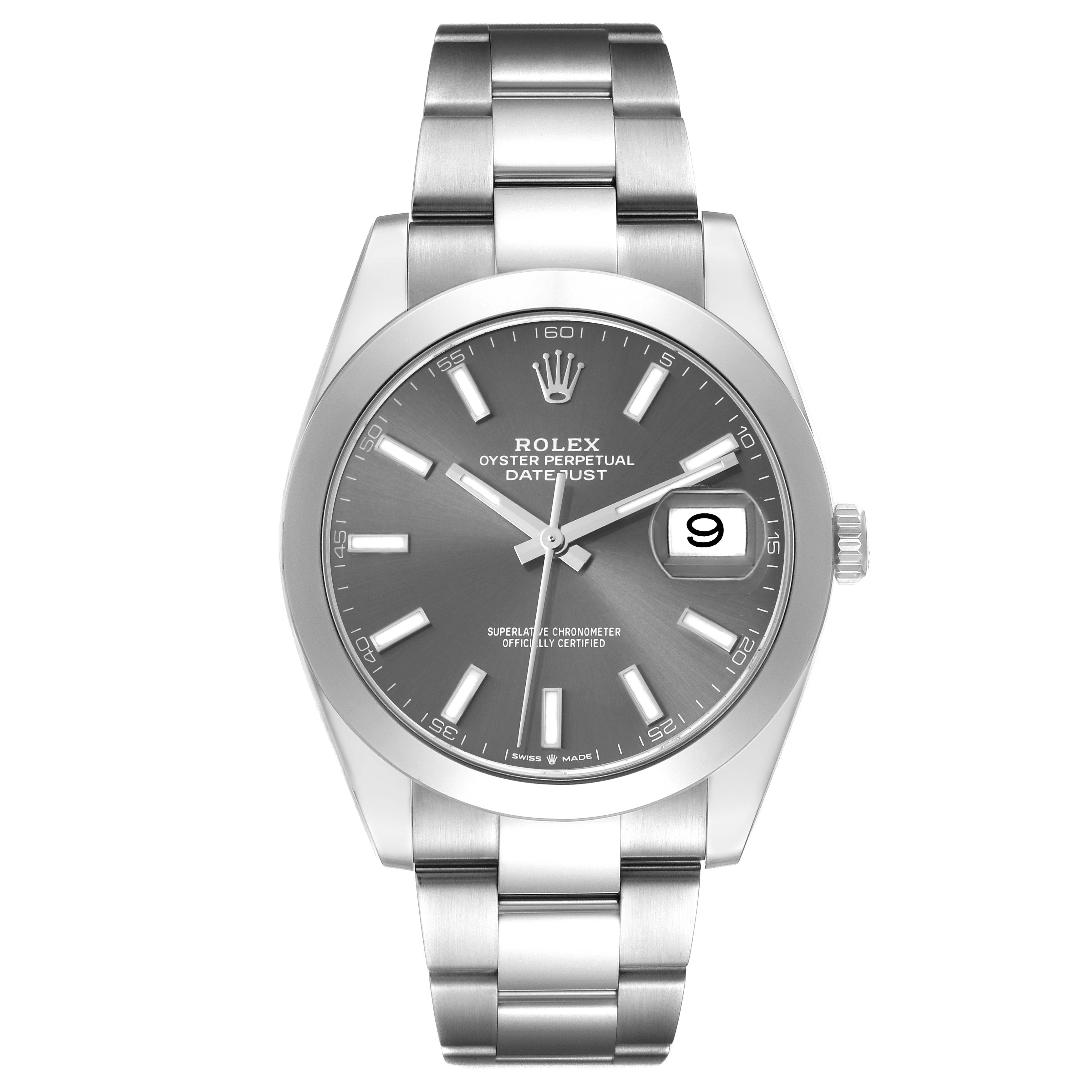 The image shows a front view of the Rolex Datejust 41 126300 Men's Stainless Steel Grey Dial 126300 Men's Stainless Steel Grey Dial, revealing the dial, bracelet, and date window.