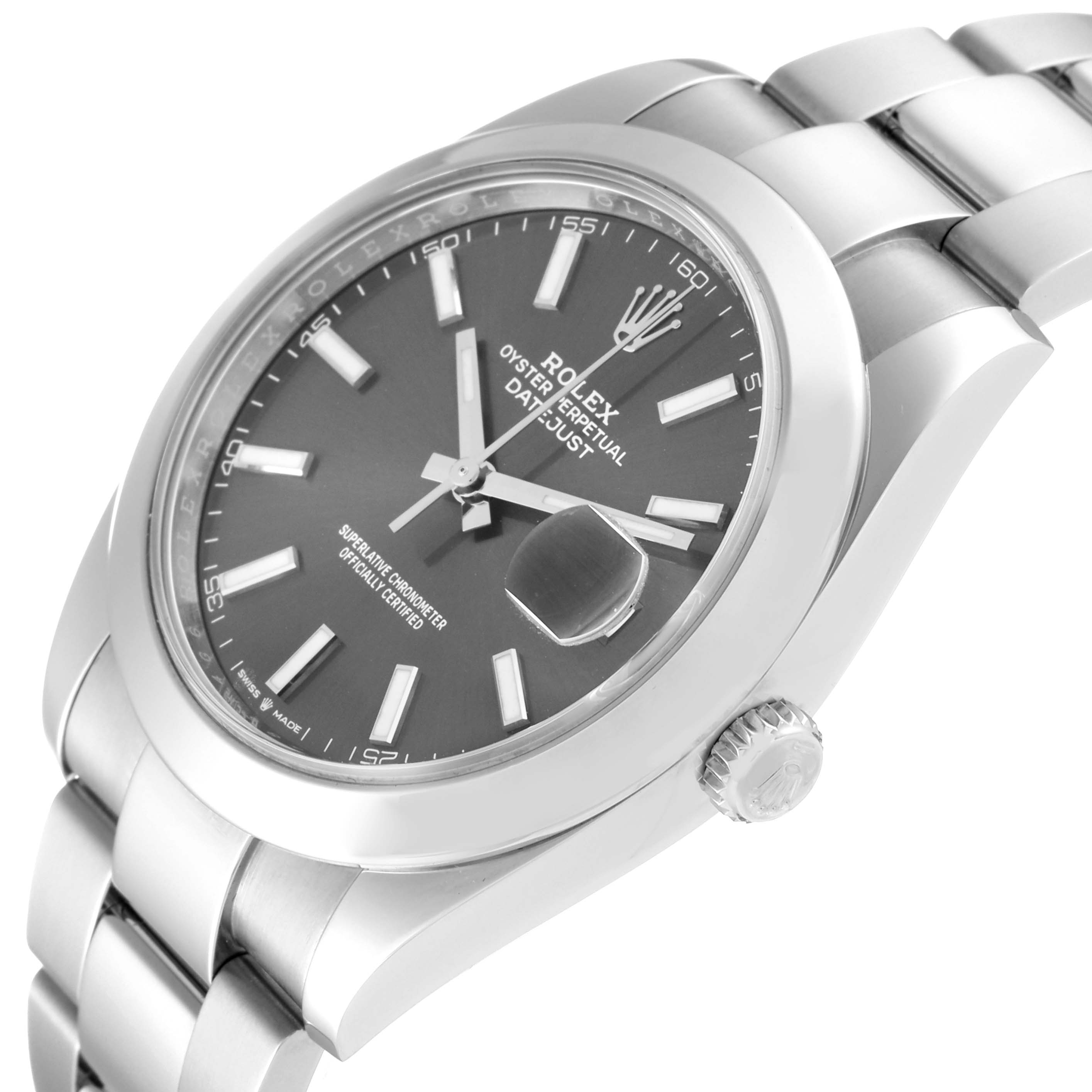 The image shows a close-up of the face, dial, and part of the bracelet of a Rolex Datejust 41 126300 Men's Stainless Steel Grey Dial 126300 Men's Stainless Steel Grey Dial watch at a slight angle.