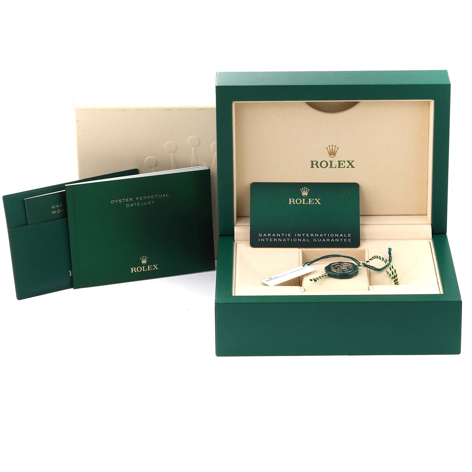This image shows the packaging, warranty card, and manual for the Rolex Datejust 41 126300 Men's Stainless Steel Grey Dial 126300 Men's Stainless Steel Grey Dial watch.
