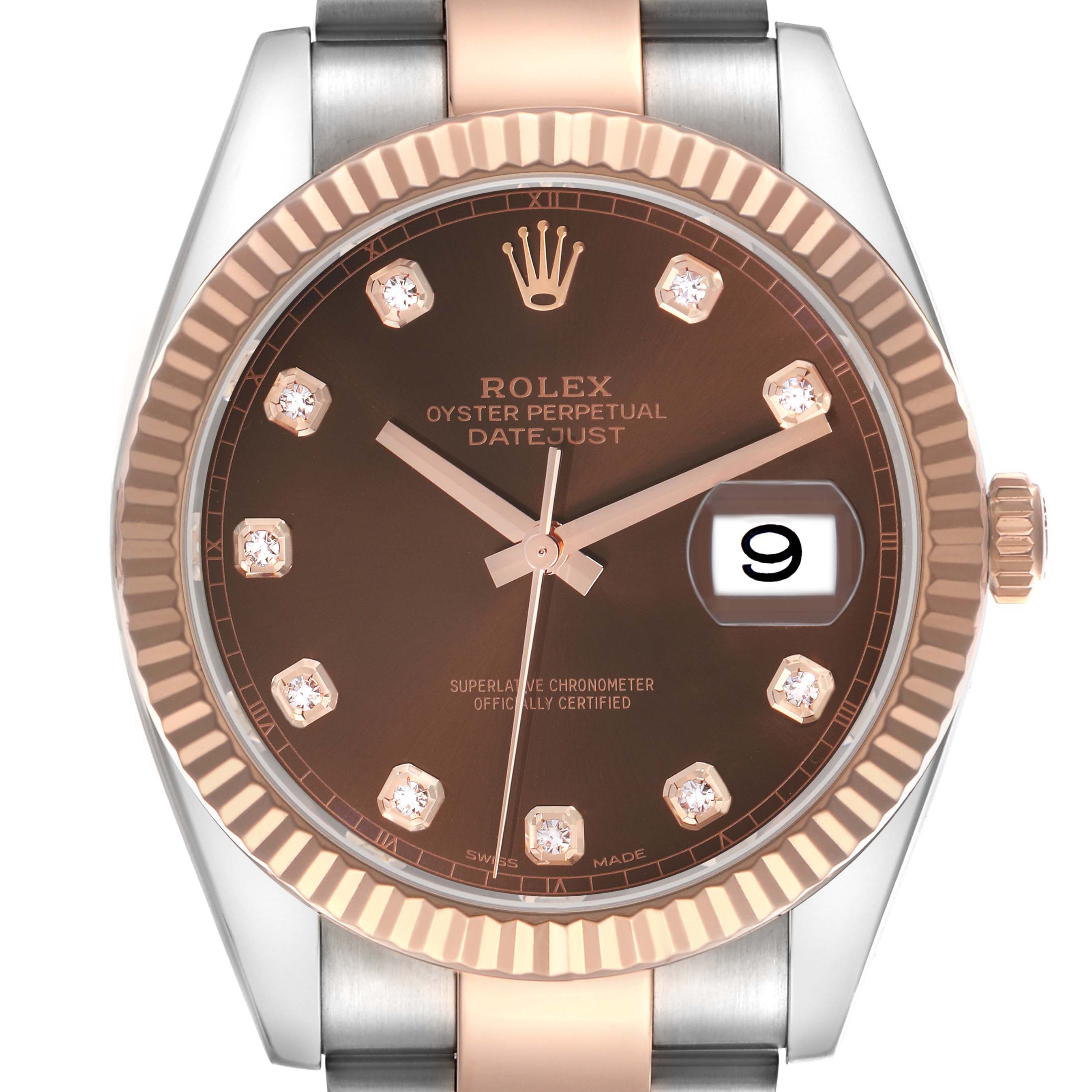 The Rolex Datejust 41 126331 Men
s Steel and Gold (two tone) Brown Dial is shown from the front, highlighting the dial, bezel, crown, and part of the bracelet.