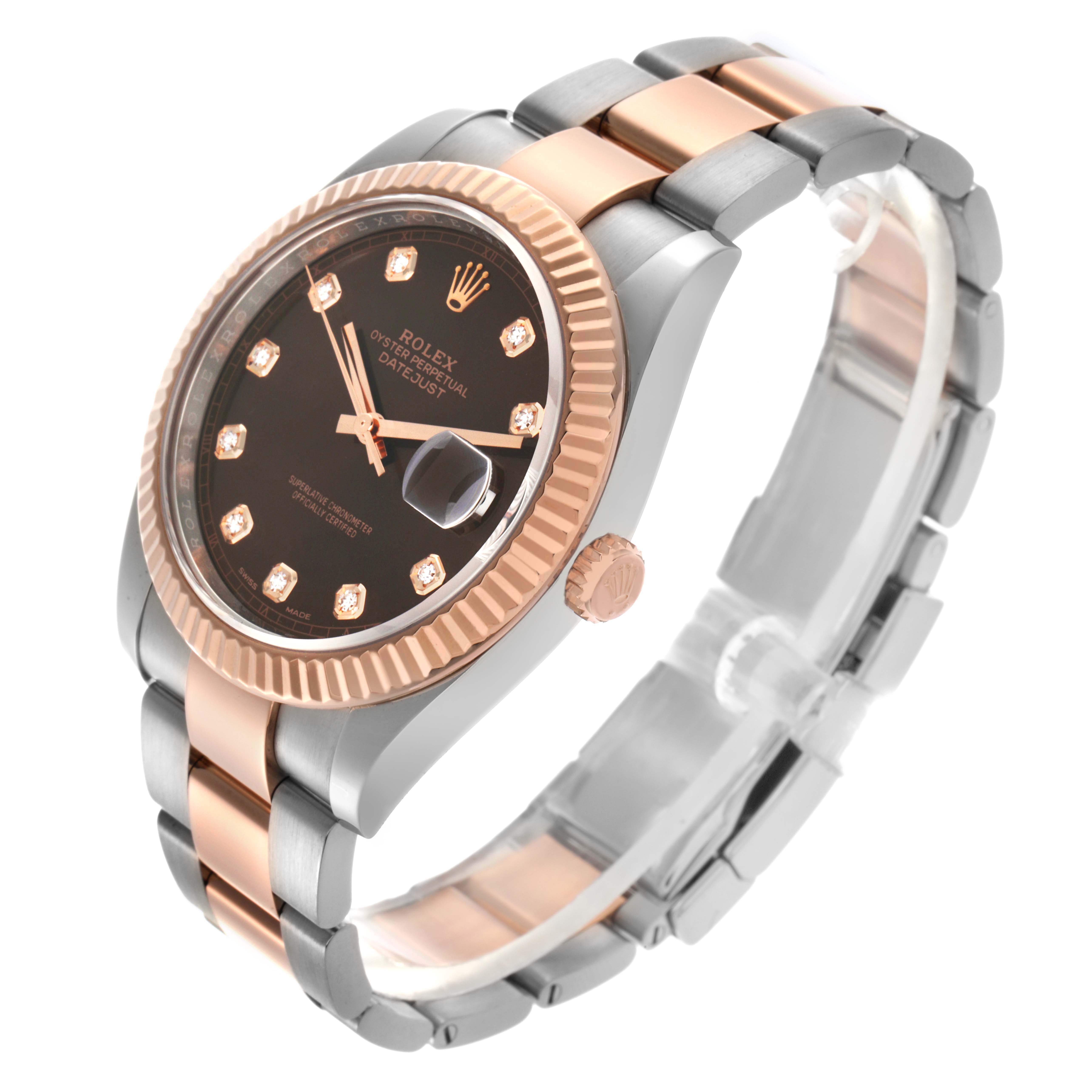 This image shows a side-angle view of the Rolex Datejust 41 126331 Men
s Steel and Gold (two tone) Brown Dial, highlighting the bezel, dial, and bracelet.