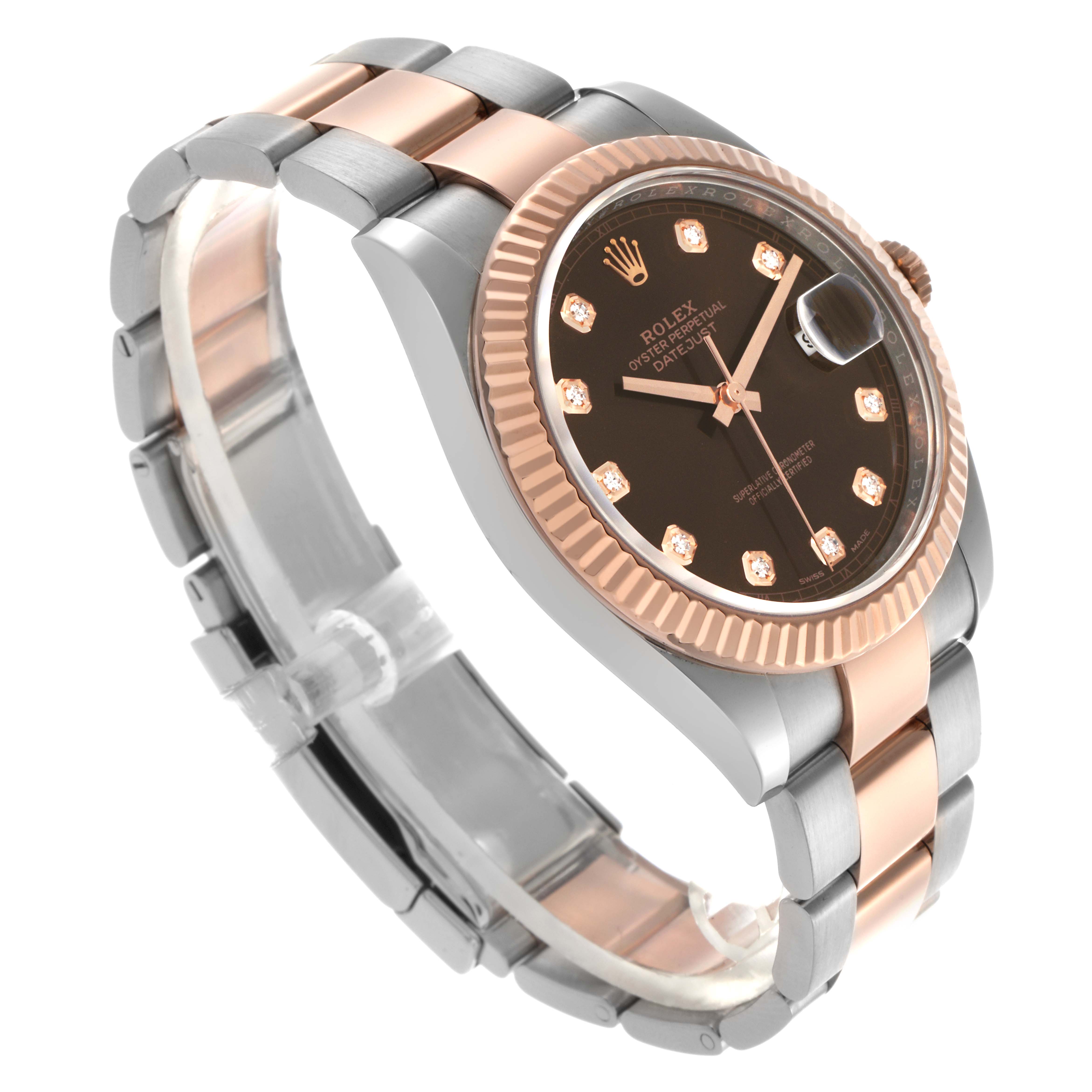 The Rolex Datejust 41 126331 Men
s Steel and Gold (two tone) Brown Dial is shown at a three-quarter angle, highlighting the dial, bezel, case, and two-tone bracelet.