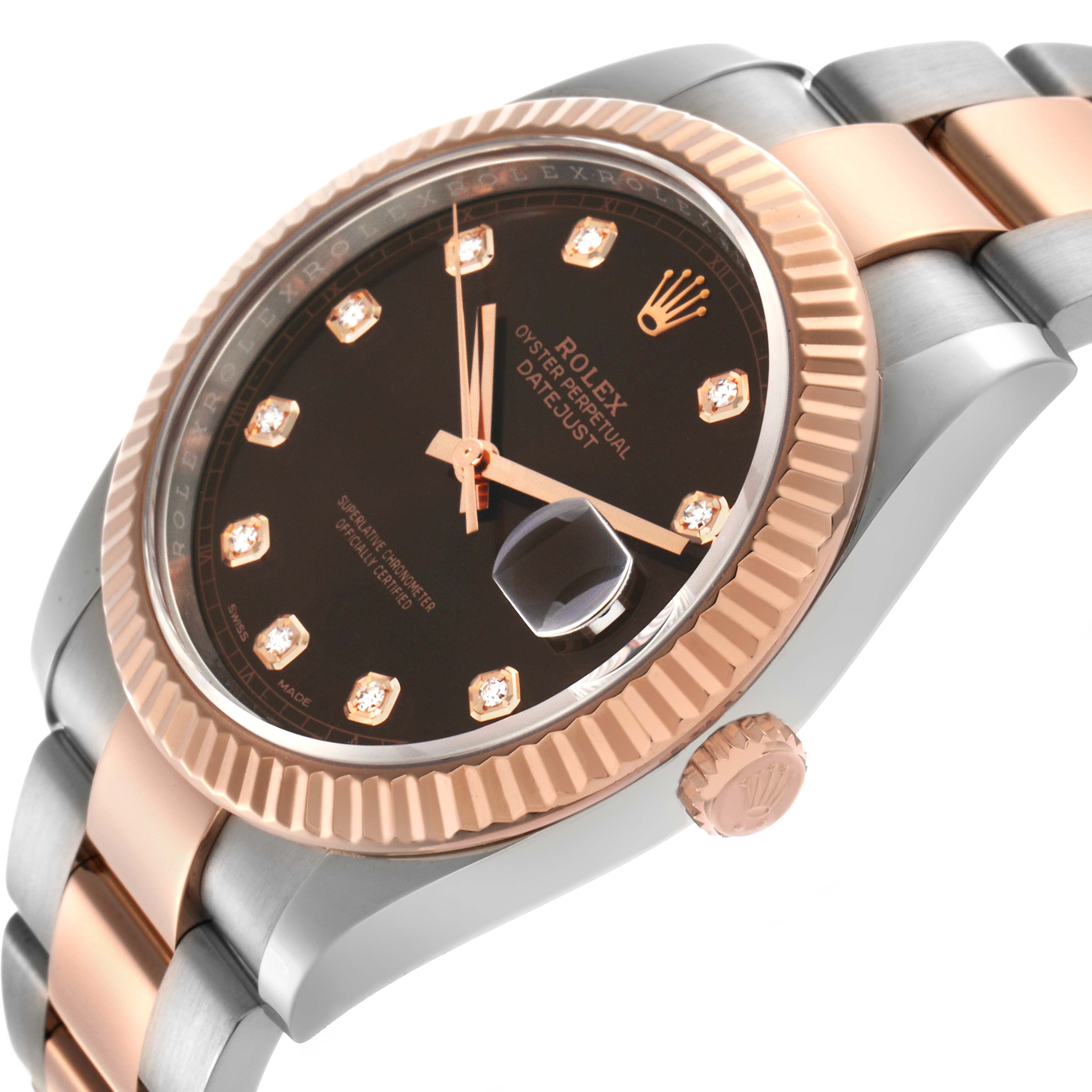 The Rolex Datejust 41 126331 Men
s Steel and Gold (two tone) Brown Dial is shown at a side angle, highlighting the bezel, dial, and part of the bracelet.