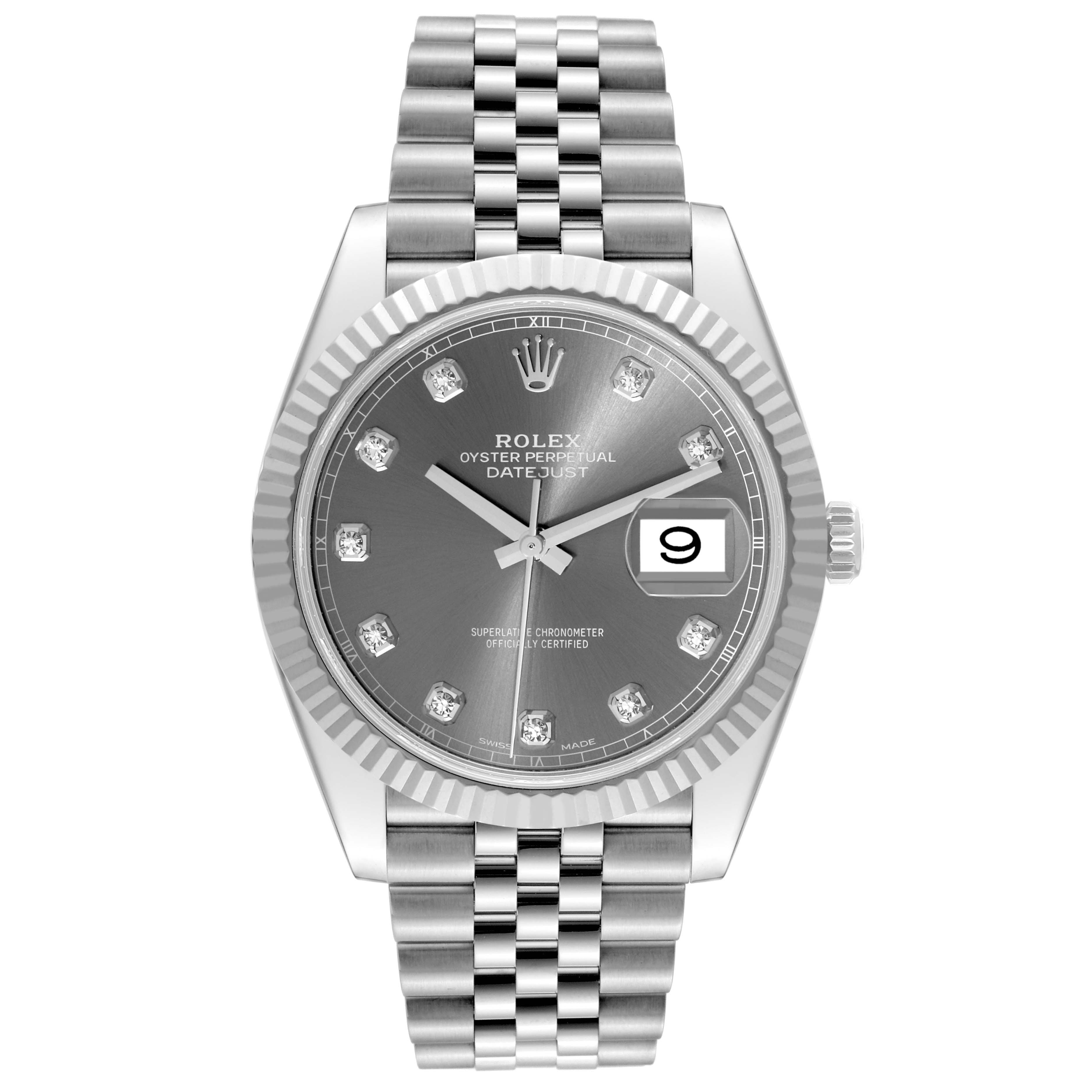 This image shows a front view of the Rolex Datejust 41 126334 Men
s Stainless Steel Grey Dial 126334 Men
s Stainless Steel Grey Dial watch, highlighting its grey dial, jubilee bracelet, and date window.