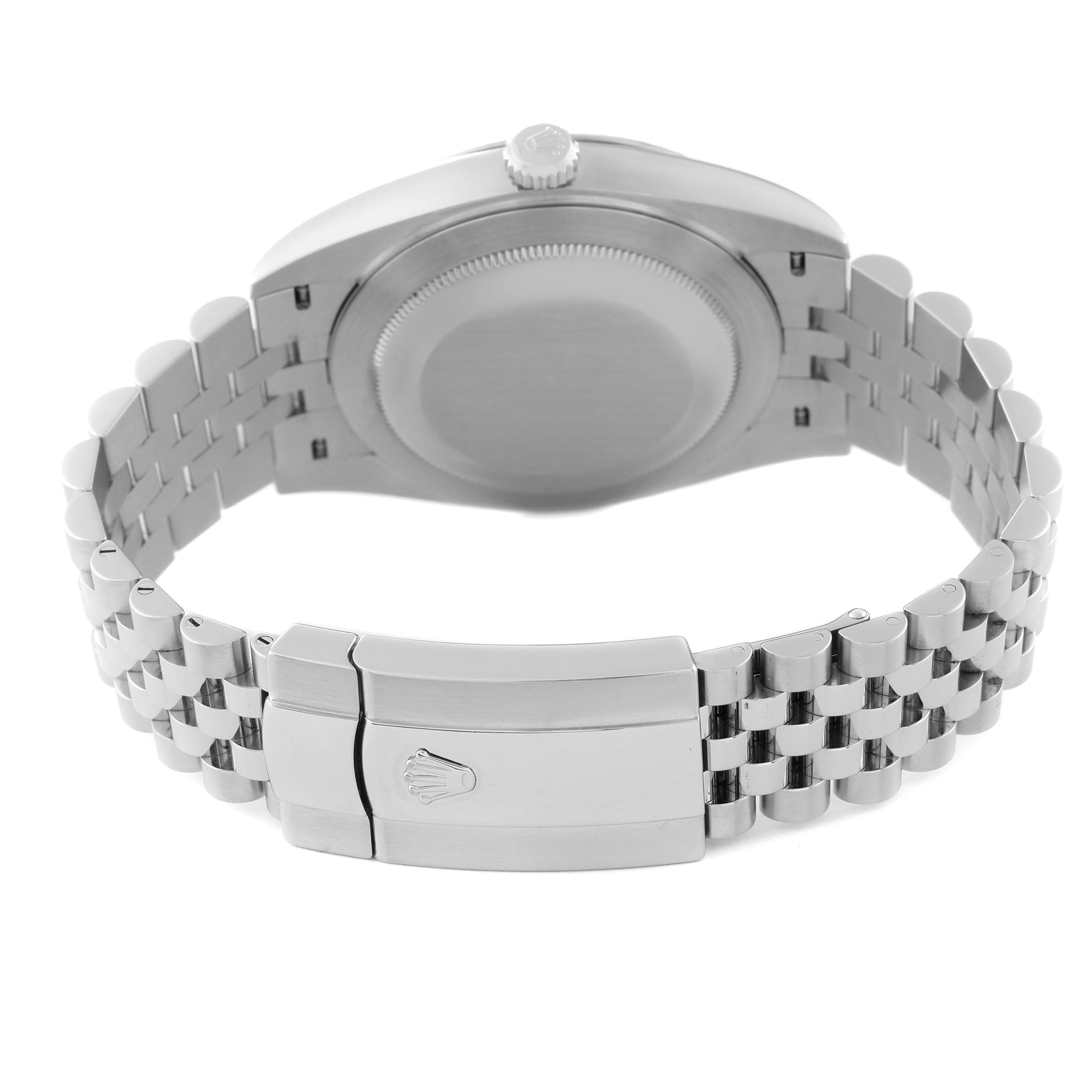 The image shows the back view of a Rolex Datejust 41 126334 Men
s Stainless Steel Grey Dial 126334 Men
s Stainless Steel Grey Dial watch, highlighting the case, crown, and Jubilee bracelet with the clasp.