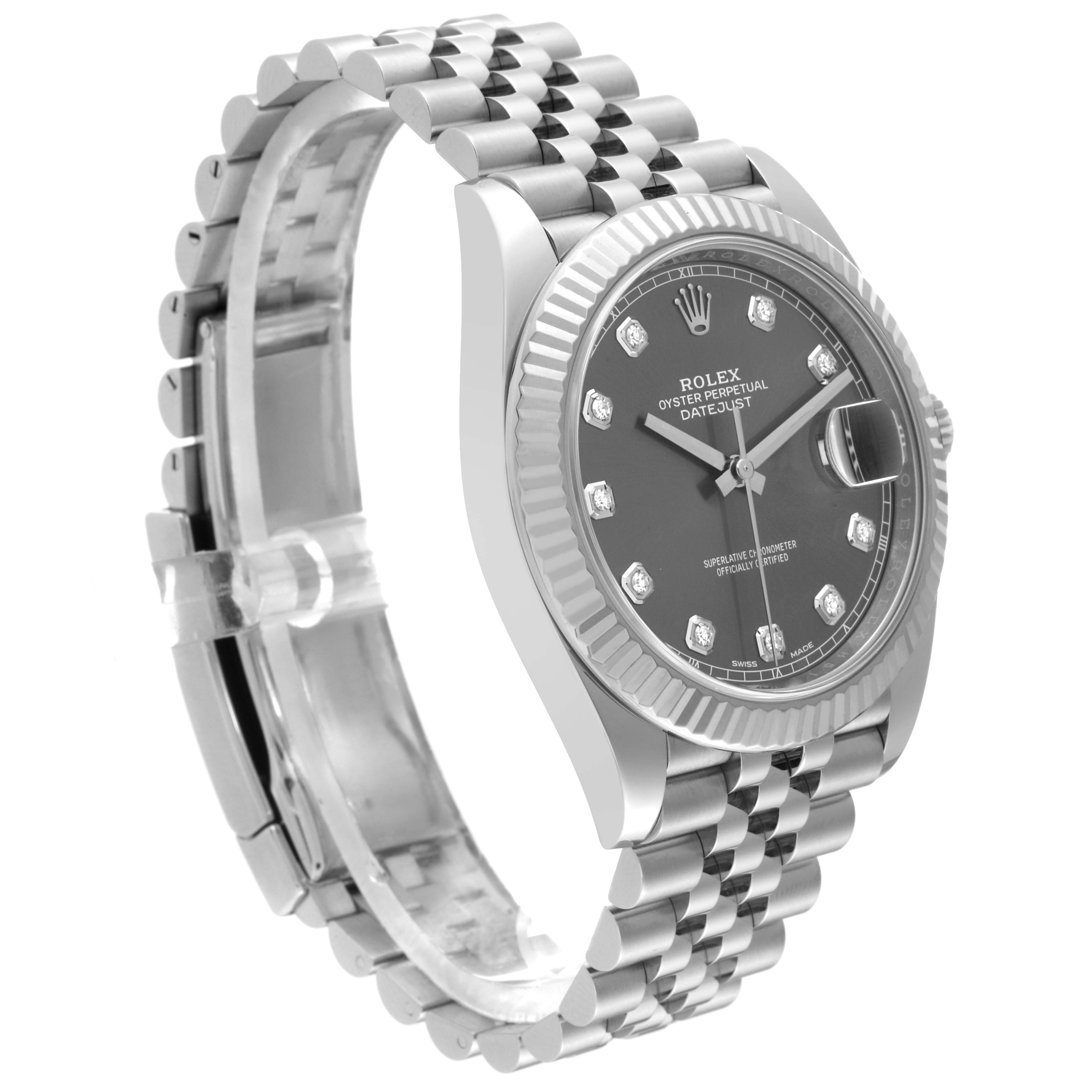The image shows a Rolex Datejust 41 126334 Men
s Stainless Steel Grey Dial 126334 Men
s Stainless Steel Grey Dial watch at an angled side view, highlighting its face, fluted bezel, and Jubilee bracelet.