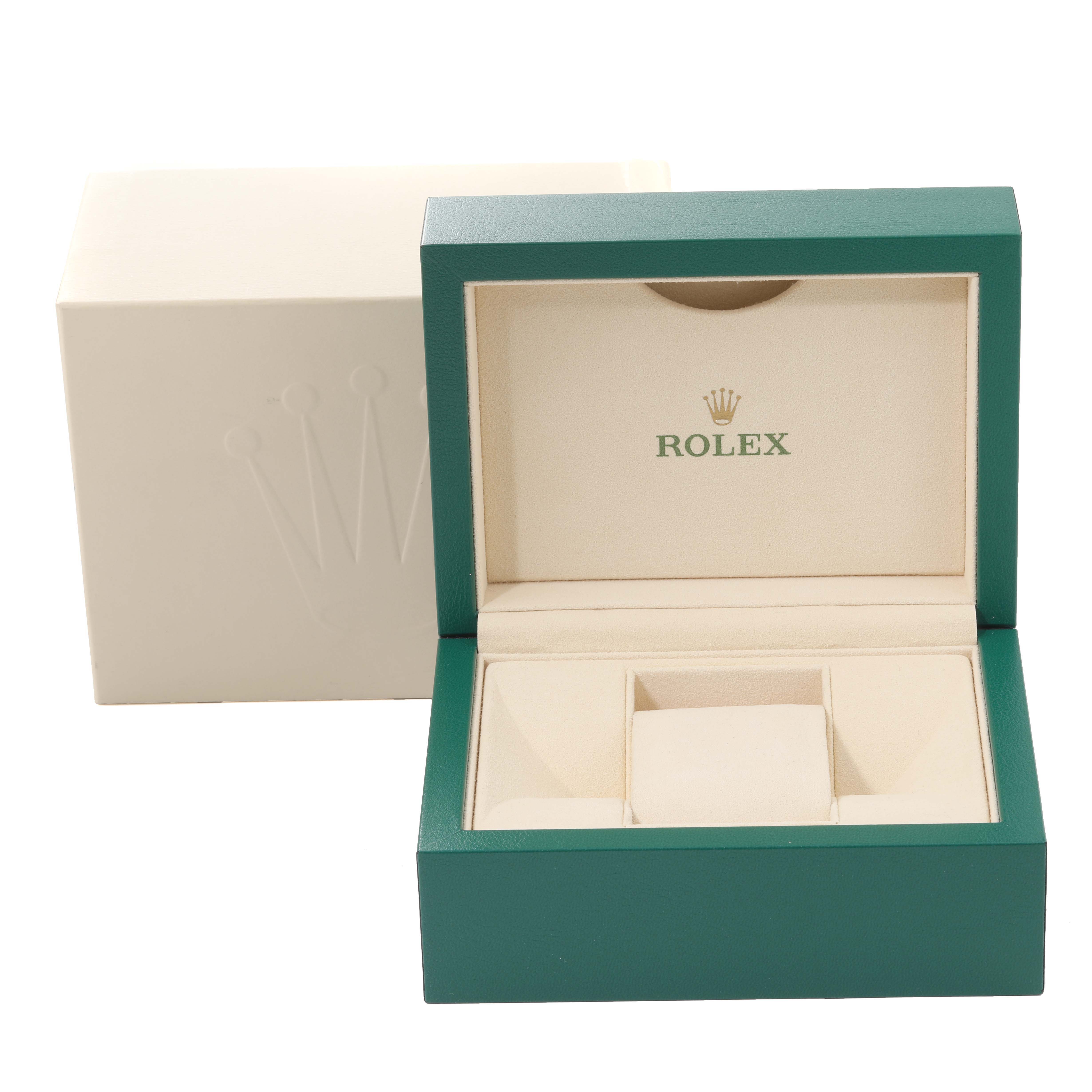 The image shows an open green and beige Rolex watch box for the Datejust 41 model, with the outer cream-colored box in the background.
