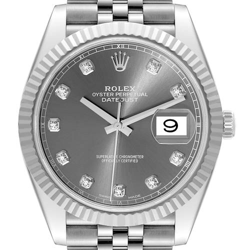 The Rolex Datejust 41 model is shown from a front angle, highlighting its fluted bezel, grey dial, diamond hour markers, and date window.