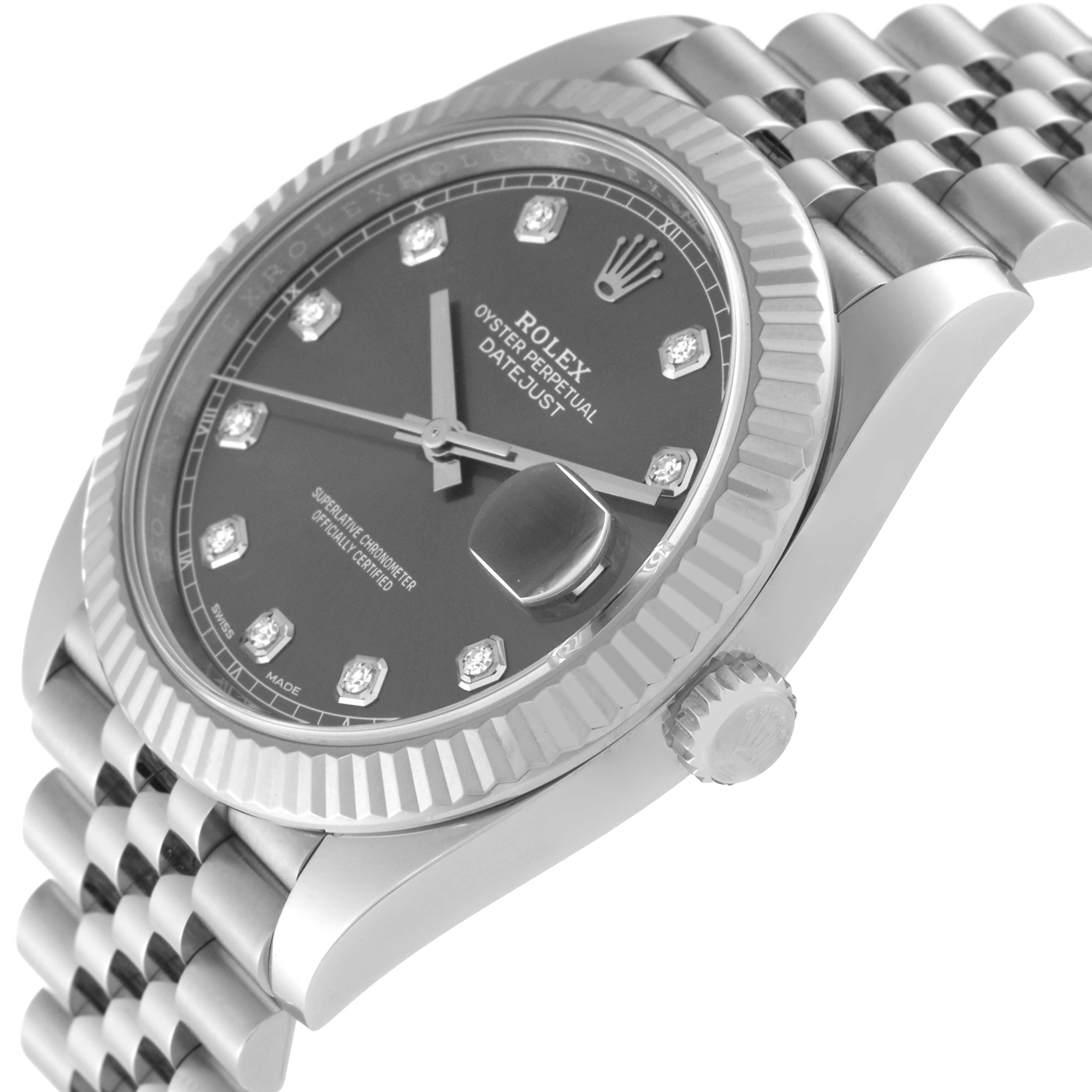 The image shows a close-up tilted angle of the face and bracelet of a Rolex Datejust 41 126334 Men
s Stainless Steel Grey Dial 126334 Men
s Stainless Steel Grey Dial watch.