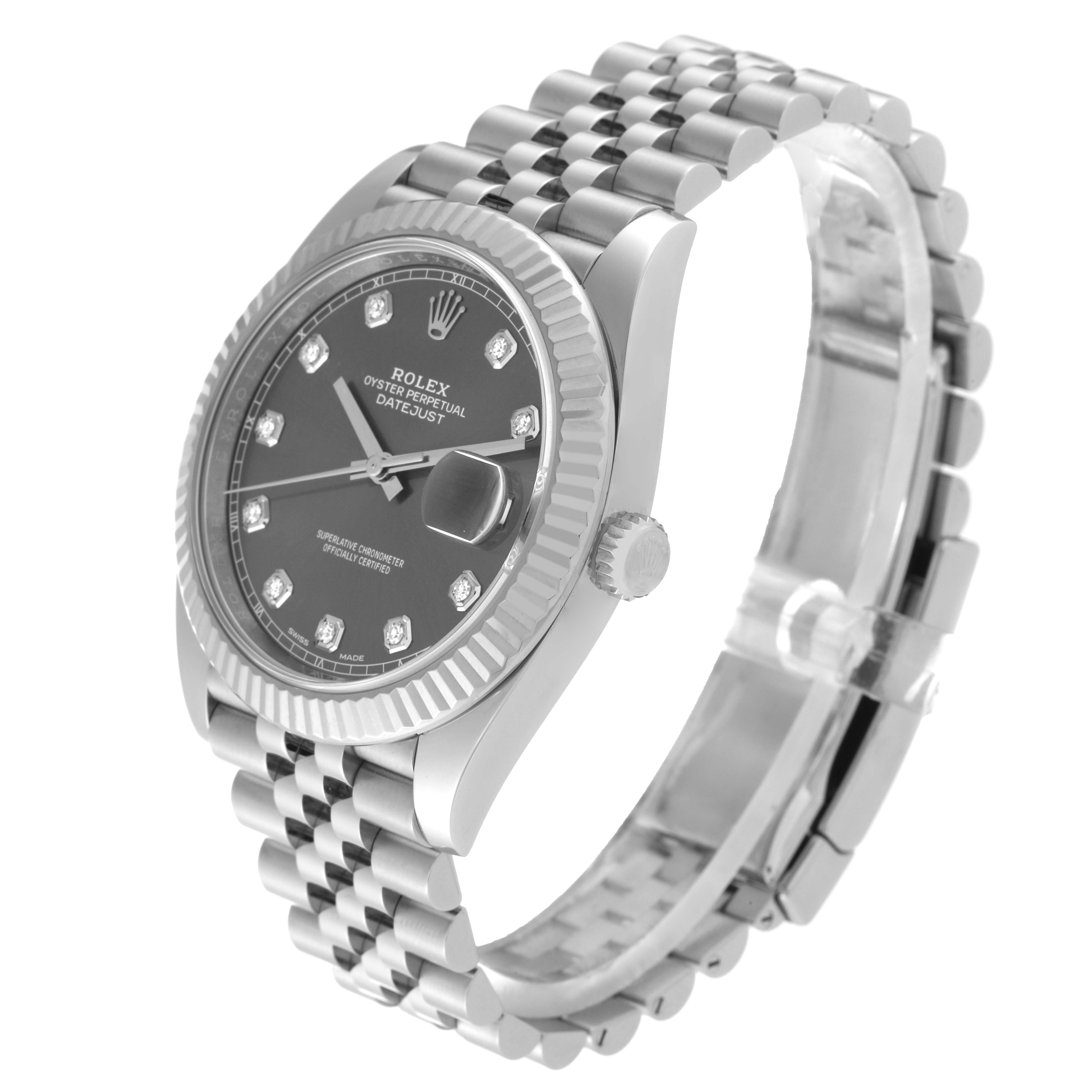 The image shows a Rolex Datejust 41 126334 Men
s Stainless Steel Grey Dial 126334 Men
s Stainless Steel Grey Dial watch at a three-quarter angle, displaying the face, crown, and bracelet.