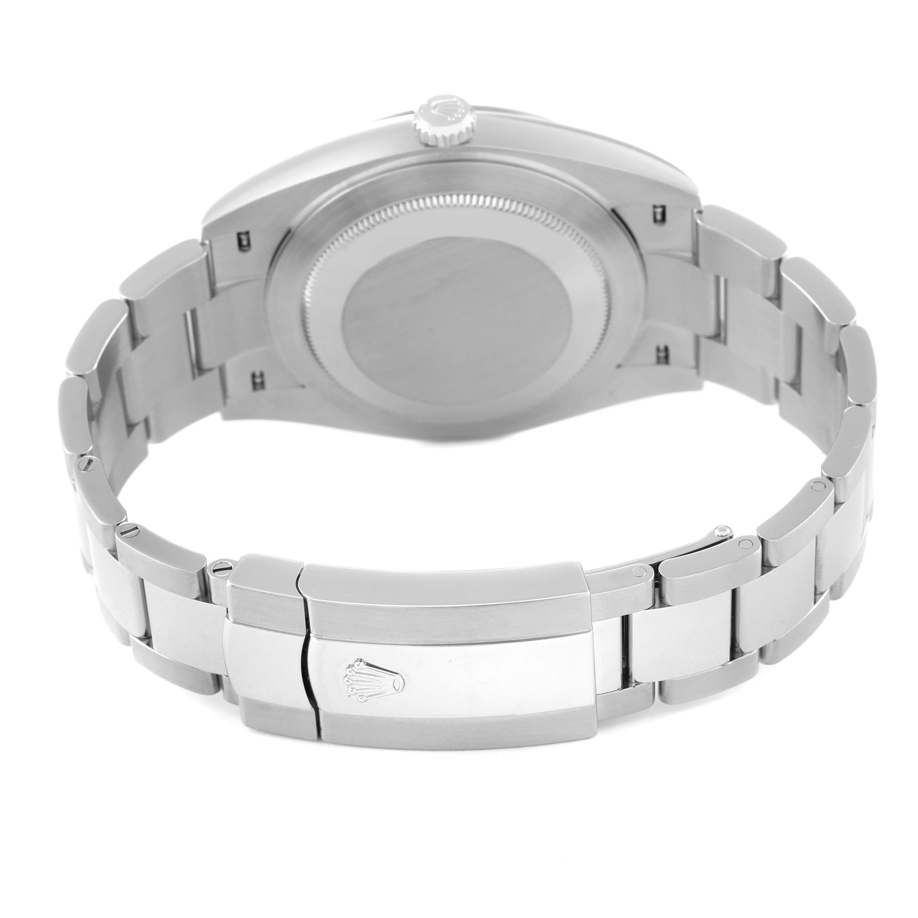 This image shows the back view of the Rolex Datejust 126334 Men
s Stainless Steel Mother of Pearl Dial 126334 Men
s Stainless Steel Mother of Pearl Dial watch, including its caseback and bracelet with a clasp.