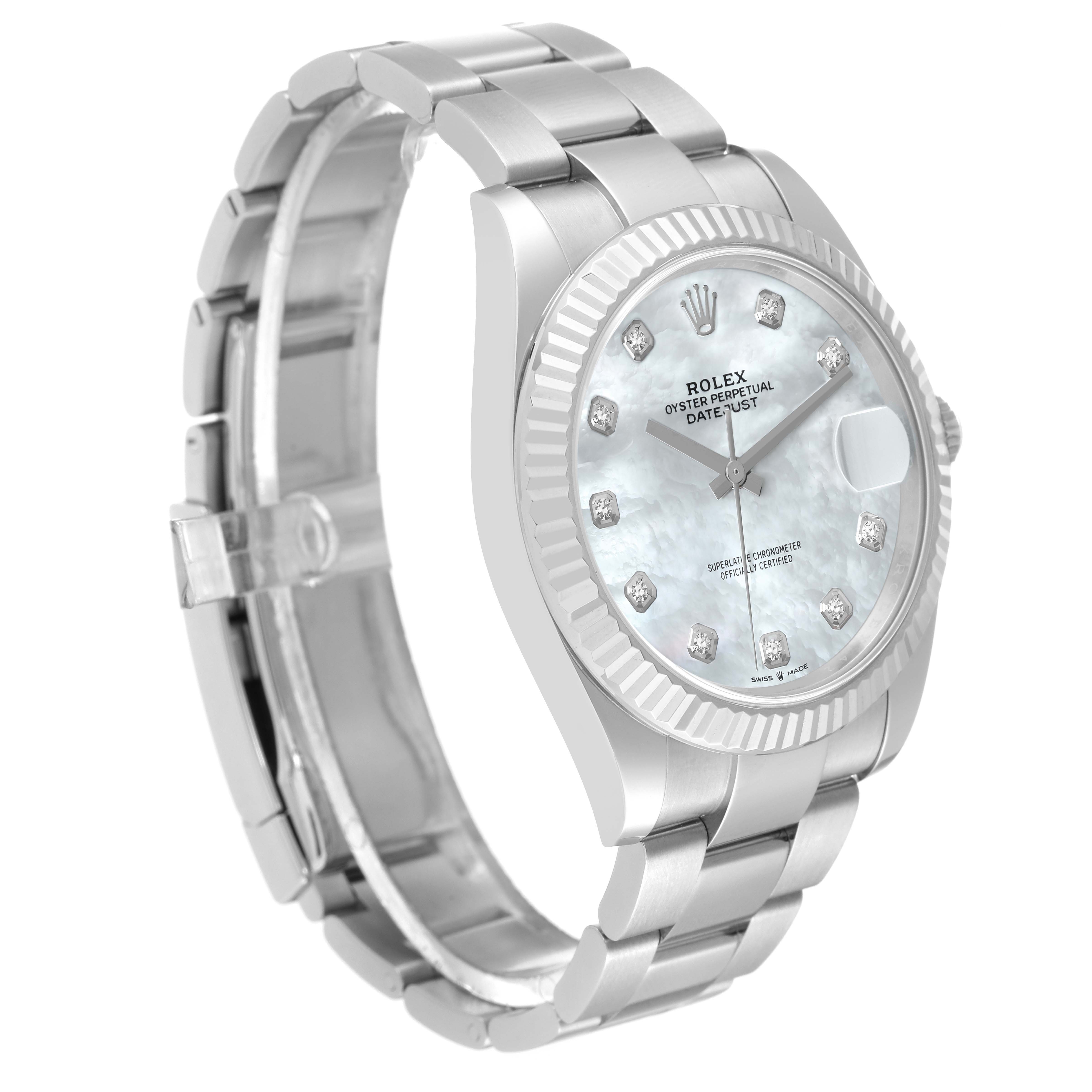 The image shows a Rolex Datejust 126334 Men
s Stainless Steel Mother of Pearl Dial 126334 Men
s Stainless Steel Mother of Pearl Dial watch from a side angle, highlighting its face, bezel, and bracelet.