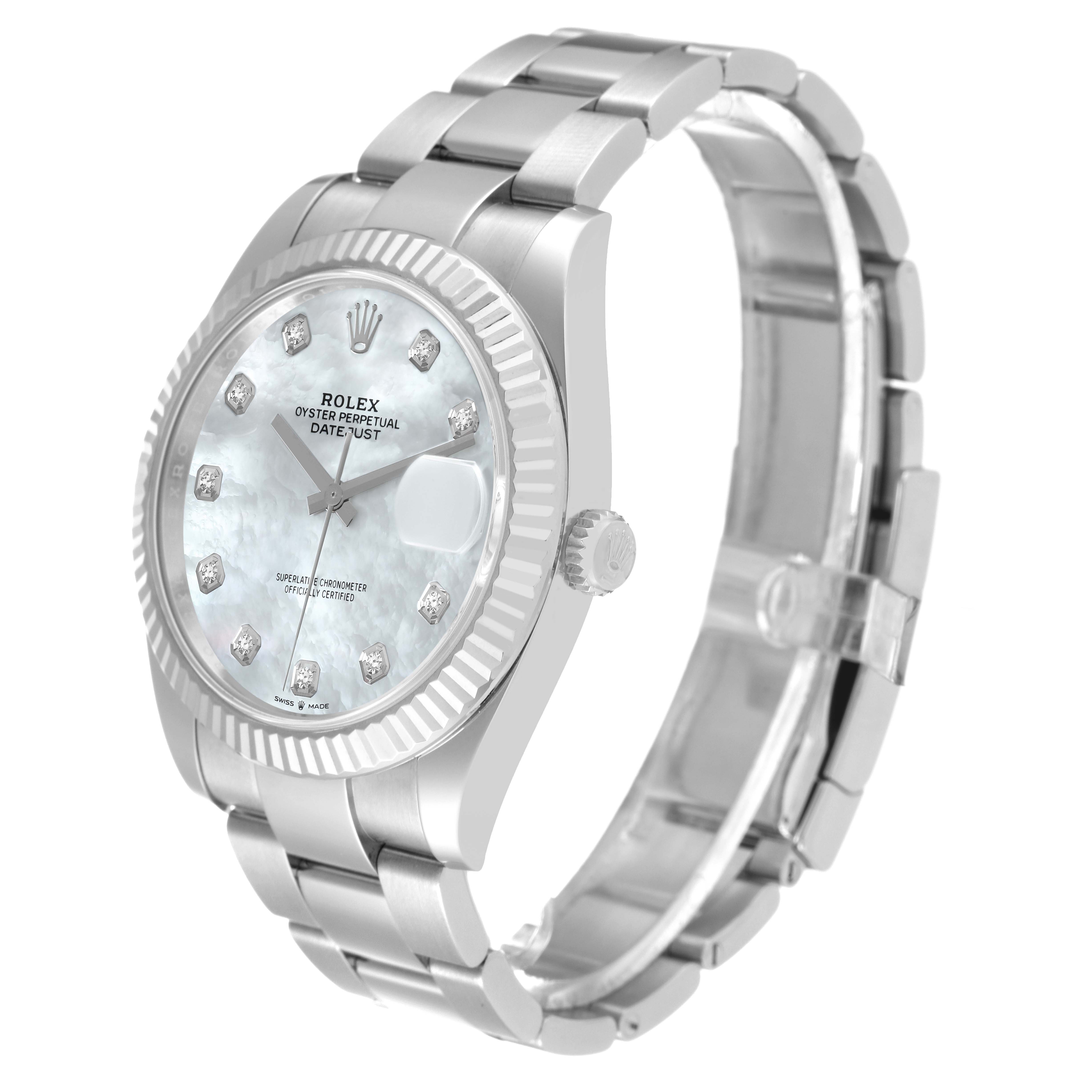 The image shows a Rolex Datejust 126334 Men
s Stainless Steel Mother of Pearl Dial 126334 Men
s Stainless Steel Mother of Pearl Dial watch at a three-quarter angle, highlighting the face, bezel, and bracelet.