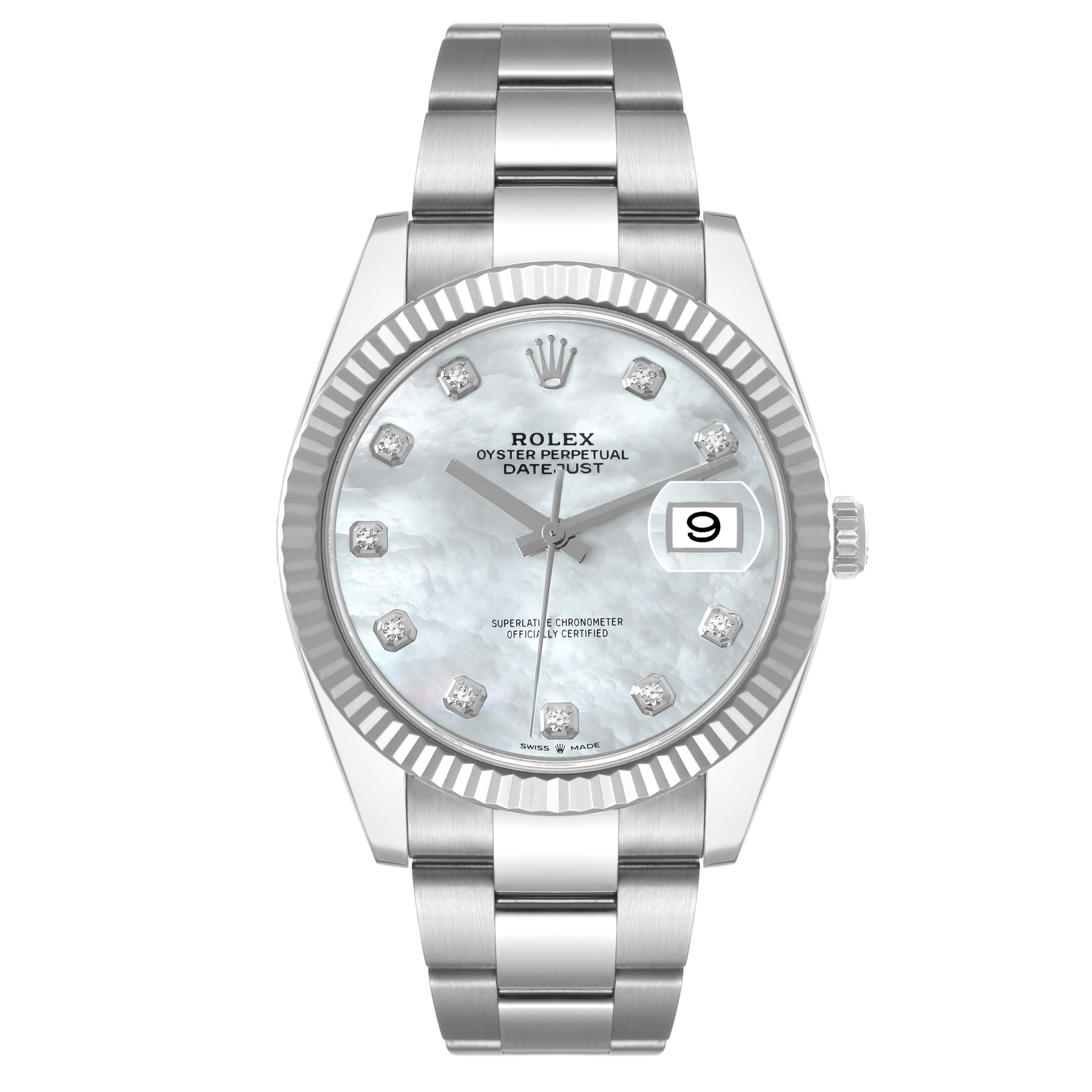 The image shows a Rolex Datejust 126334 Men
s Stainless Steel Mother of Pearl Dial 126334 Men
s Stainless Steel Mother of Pearl Dial watch, displaying its face with a date window and the full bracelet from a frontal angle.