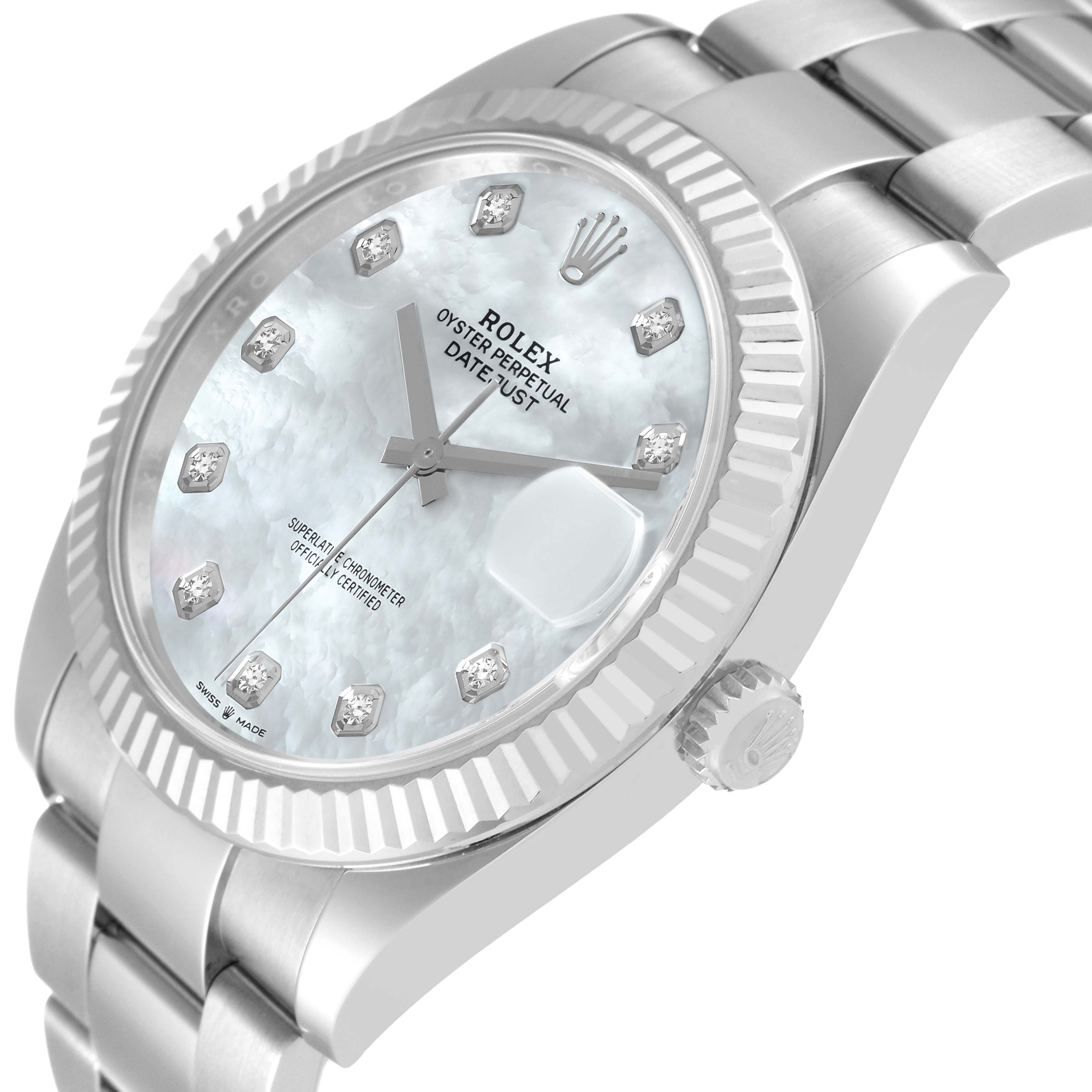 This image shows a close-up angled view of a Rolex Datejust 126334 Men
s Stainless Steel Mother of Pearl Dial 126334 Men
s Stainless Steel Mother of Pearl Dial watch, highlighting its face, bezel, crown, and part of the bracelet.