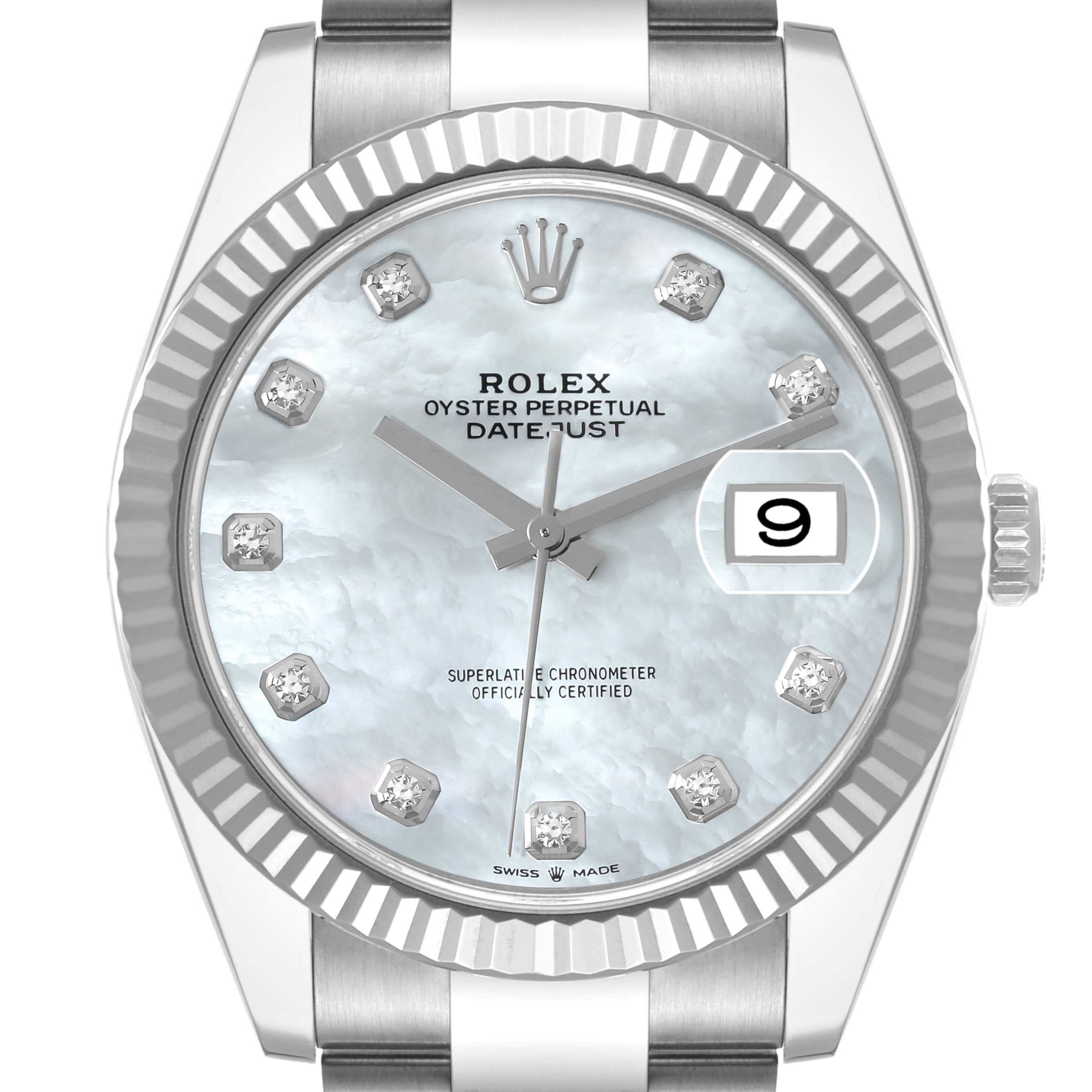 The image shows a head-on view of the Rolex Datejust 126334 Men
s Stainless Steel Mother of Pearl Dial 126334 Men
s Stainless Steel Mother of Pearl Dial watch, featuring its dial, fluted bezel, and part of the bracelet.